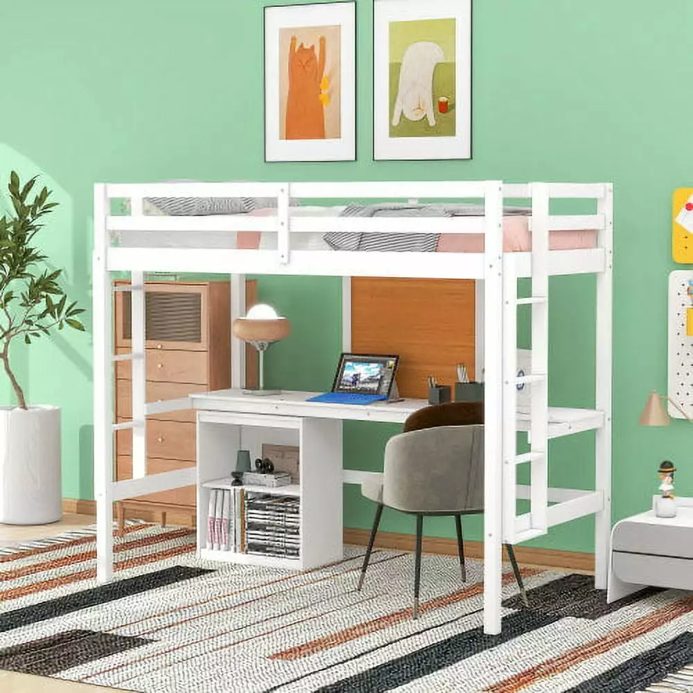 White Wood Twin Loft Bed Desk and 2 Drawers Stairway Frame Teens Adults No Box Spring Needed Triple Tree