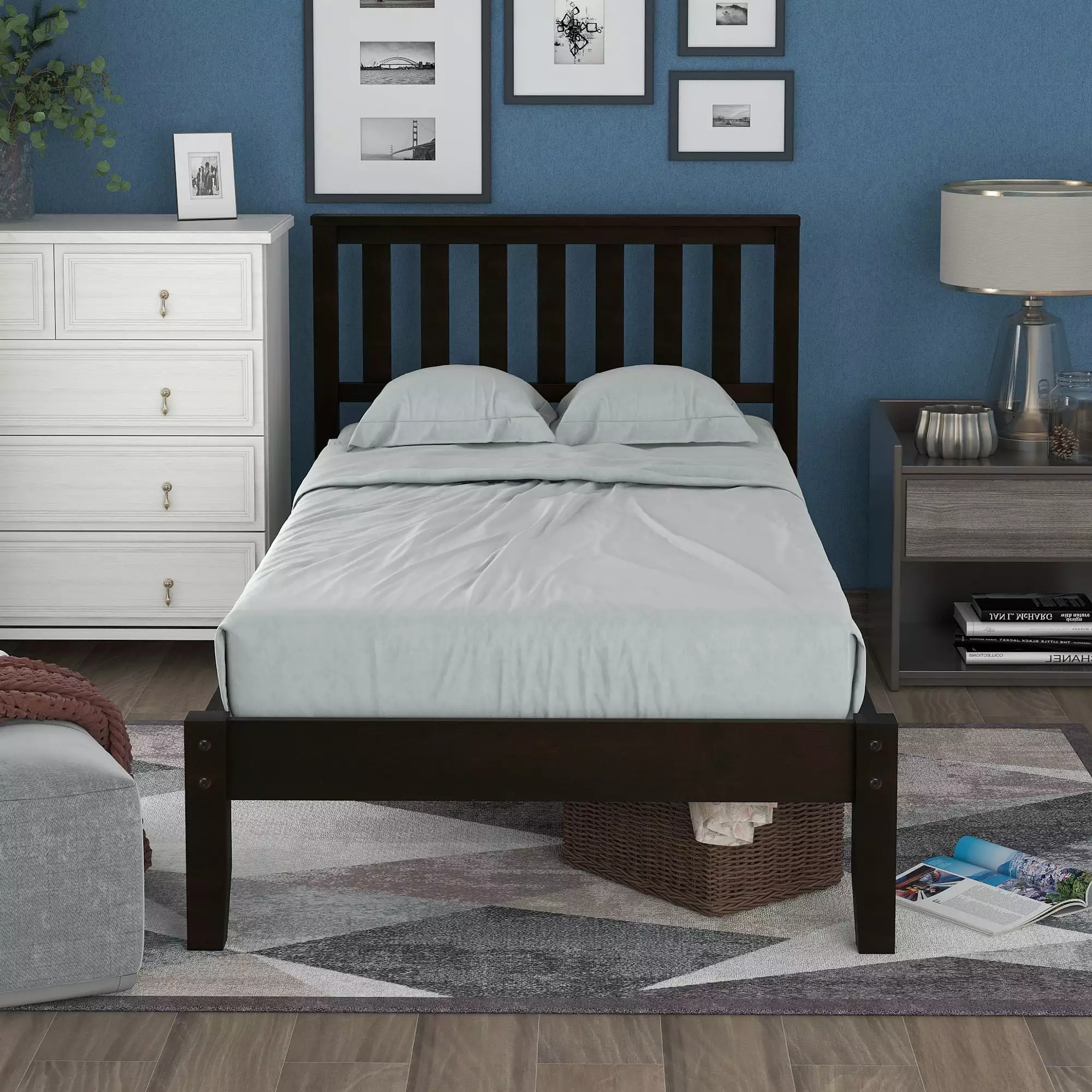 Solid Wood Twin Bed Frame Kids Headboard Heavy Duty Wood Slats Support Espresso Q12973 uhomepro