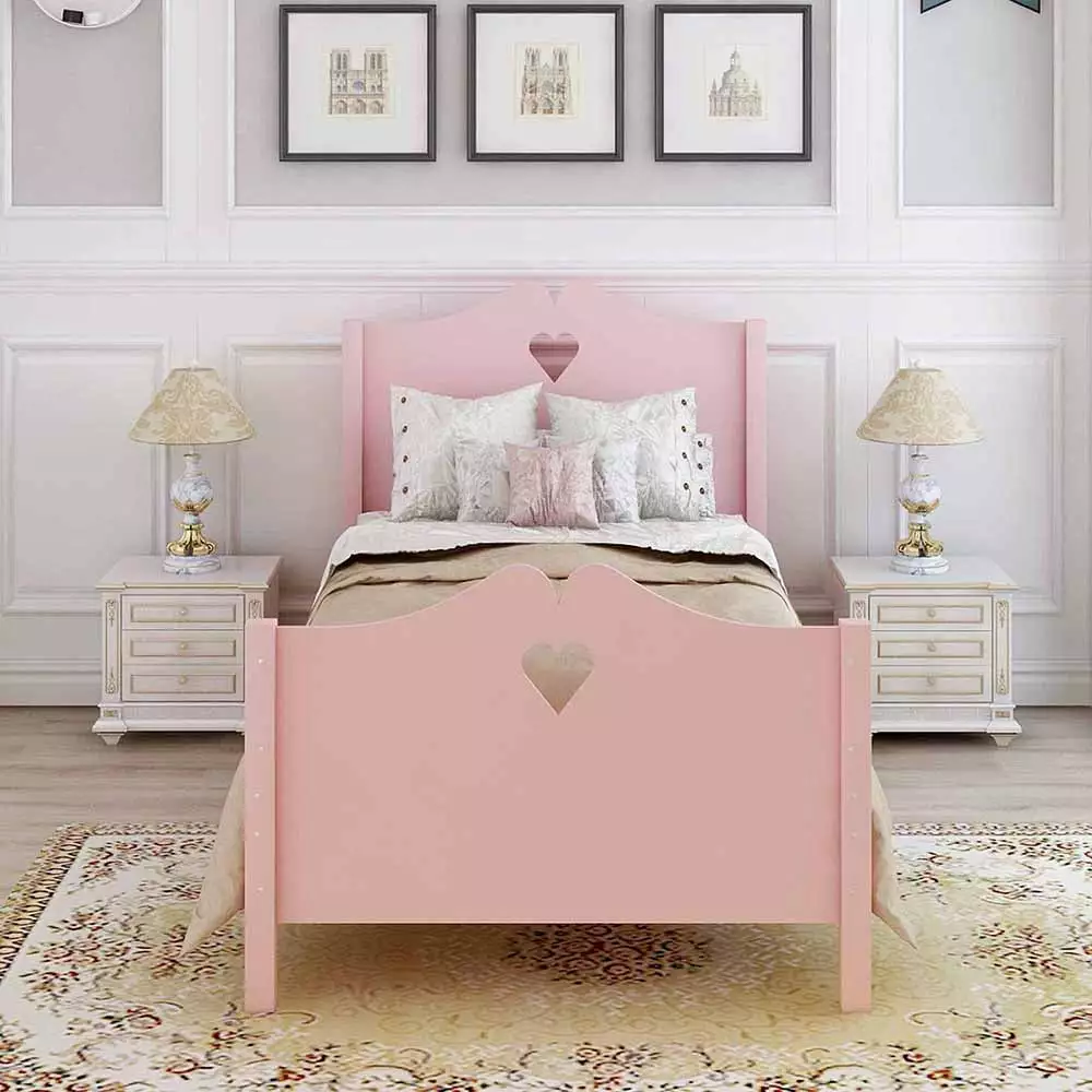 Twin Size Pink Platform Bed Frame Wood Slat Support Headboard Footboard Teens Kids Veryke