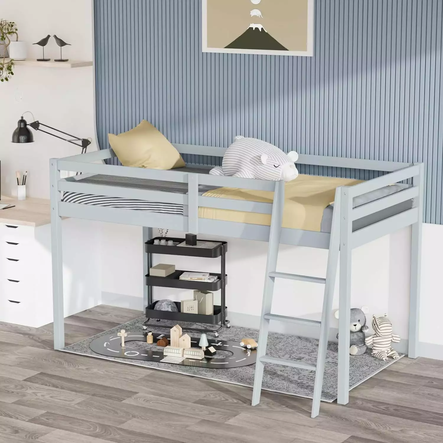 VINGLI 47 Inch Tall Junior Low Loft Bed Stairs Twin Size Adults Kids and Teens Gray Wood Slat Support No Box Spring Needed