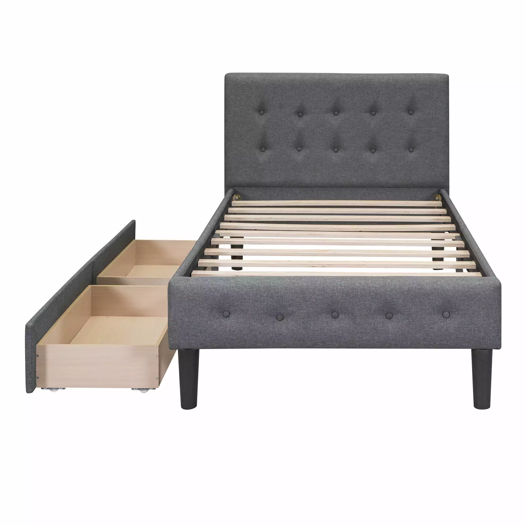 PAPROOS Gray Twin Size Upholstered Storage Bed Button Tufted Headboard and 2 Drawers No Box Spring Needed