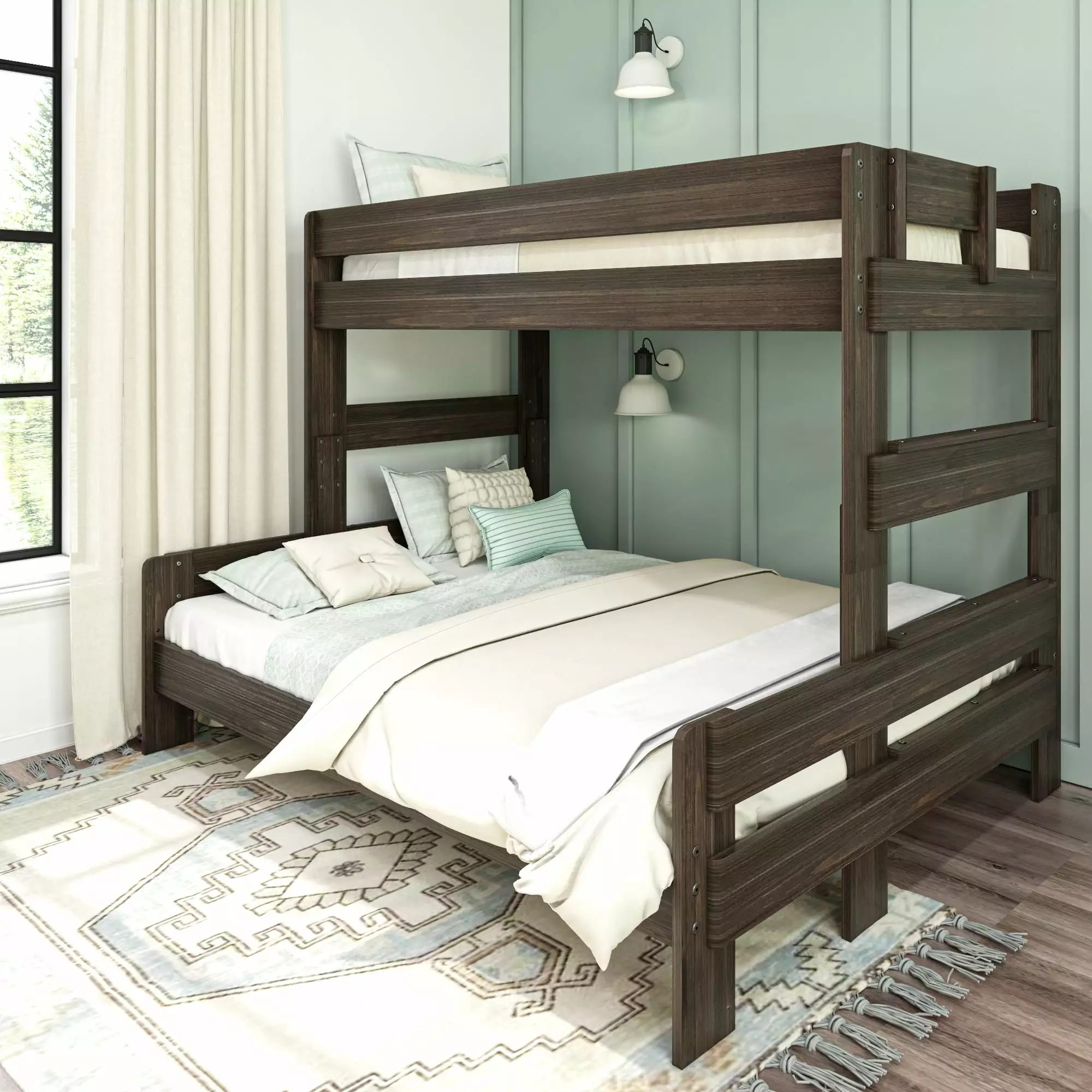 Max and Lily Bunk Bed Twin XL Over Queen Modern Farmhouse Platform Bed Frame Kids Barnwood Brown Max & Lily