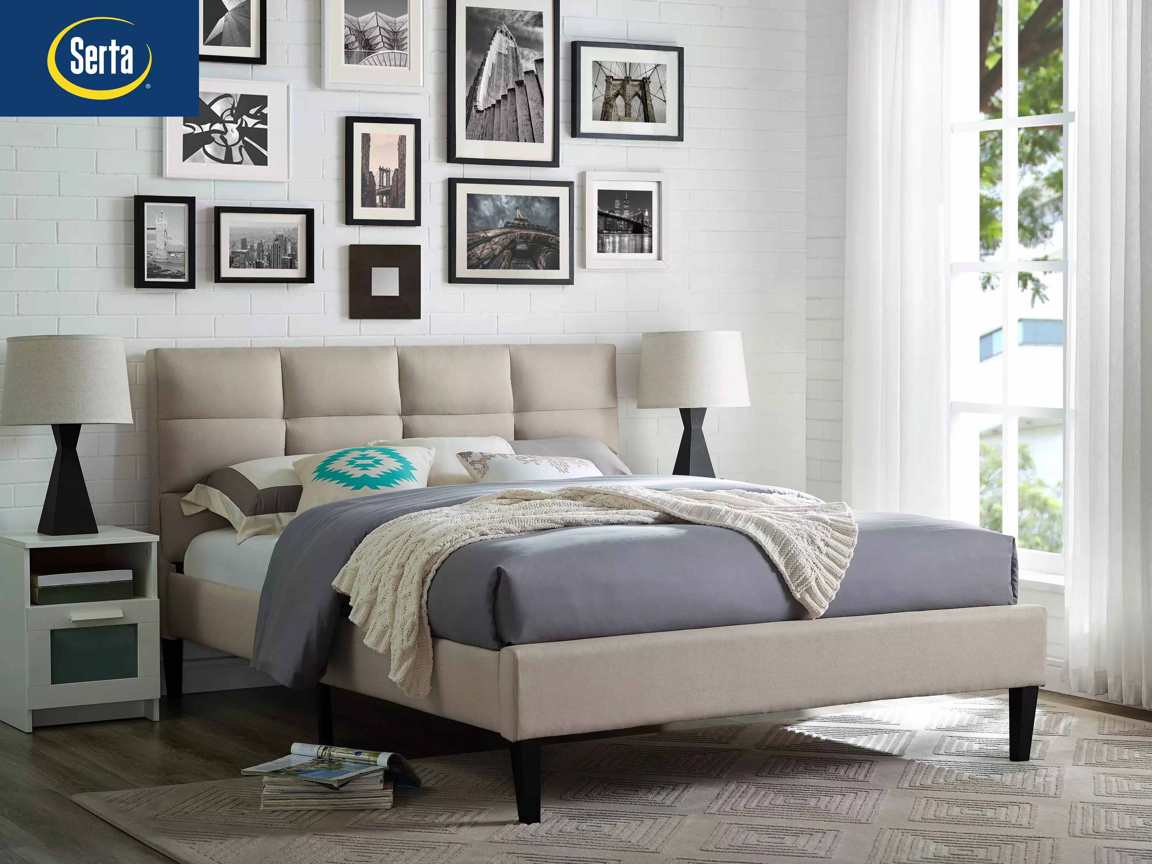 Lifestyle Solutions Serta Zola Upholstered Head and Footboard Euro Slats Full Size Beige