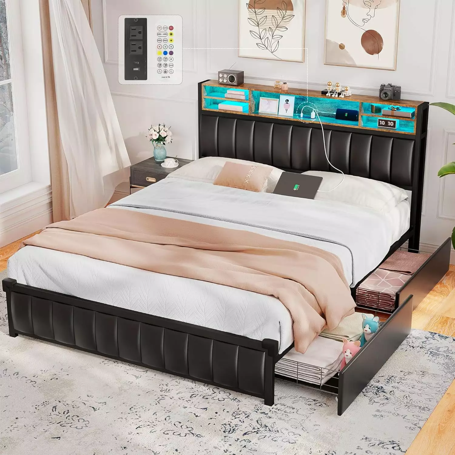 Alohappy Queen Bed Frame Bookcase Headboard Charging Station and 4 Storage Drawers Upholstered Platform Bed LED Lights