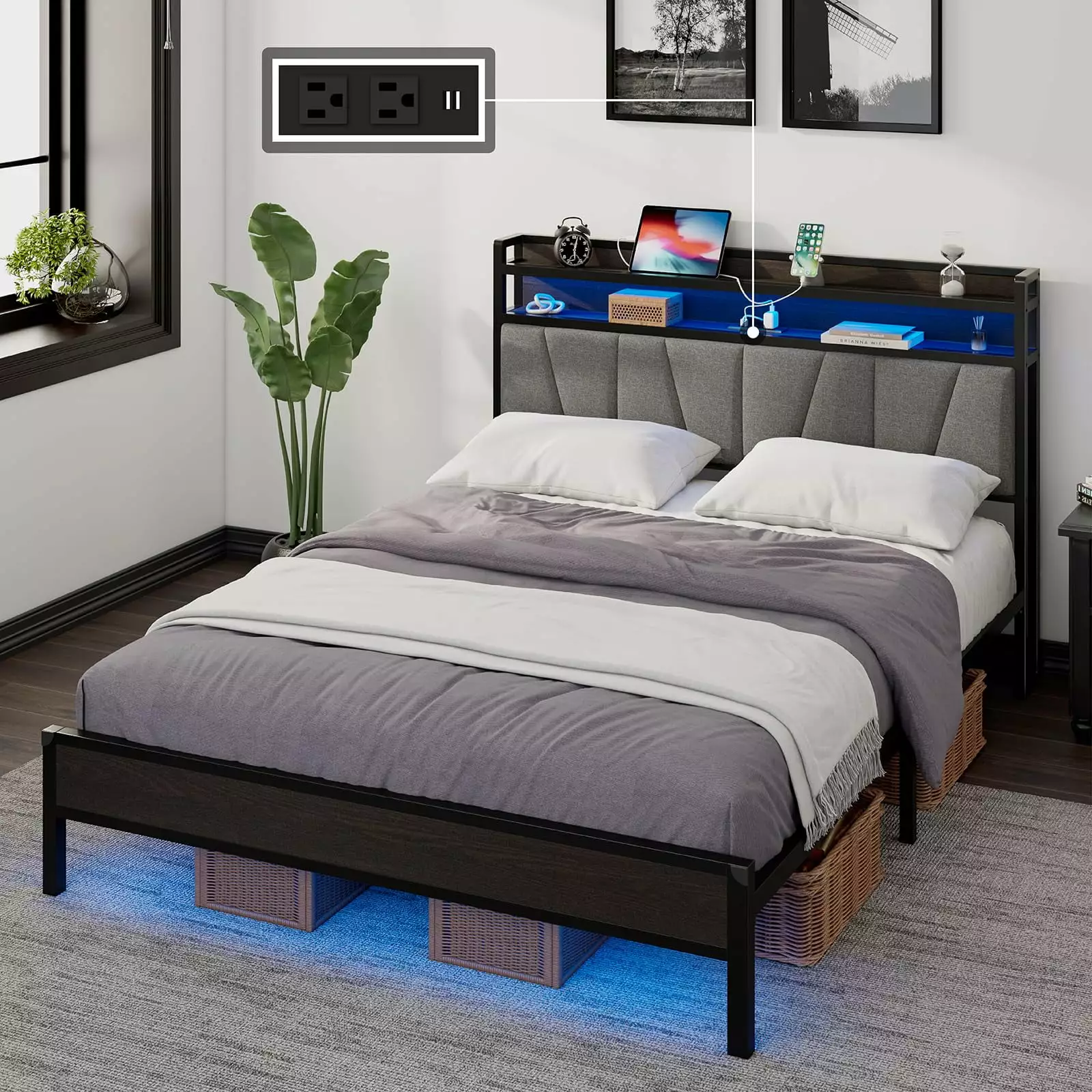 AMERLIFE Queen Size LED Bed Frame Storage Headboard and Charging Station - Linen Upholstered Black