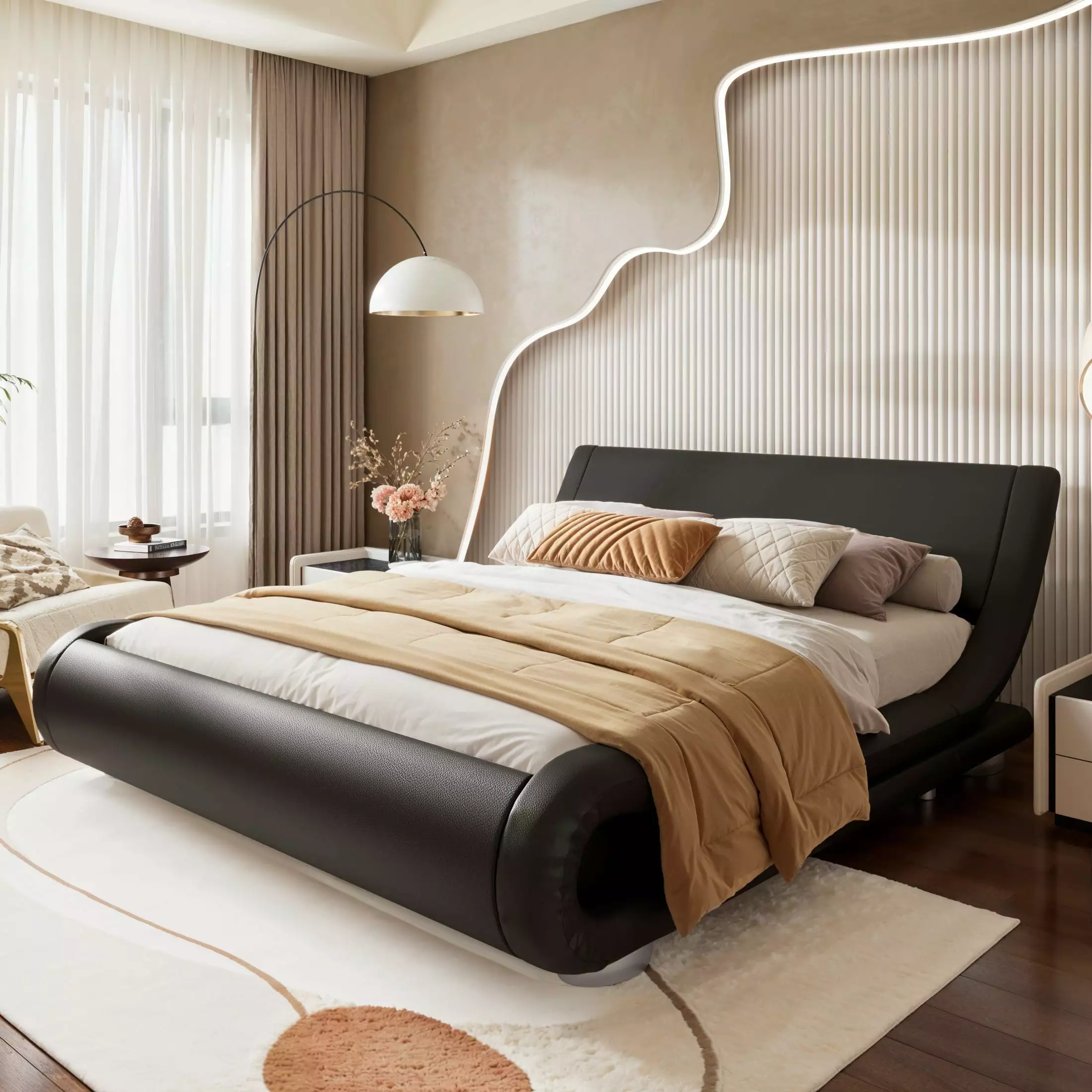Amolife Queen Size Bed Frame Curved Adjustable Headboard Faux Leather Upholstered Platform Bed Black