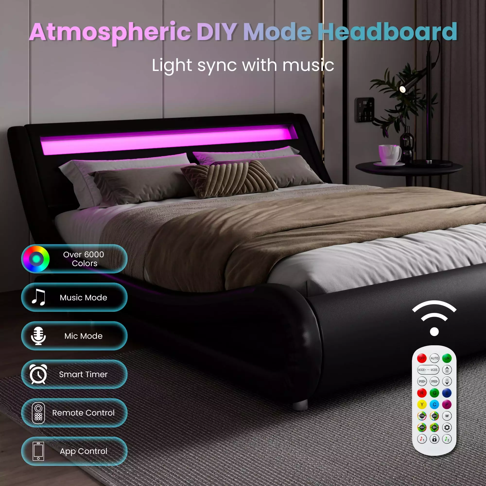Amolife Queen Size Wave-Like Curve Deluxe Upholstered Modern Bed Frame LED Headboard - Black