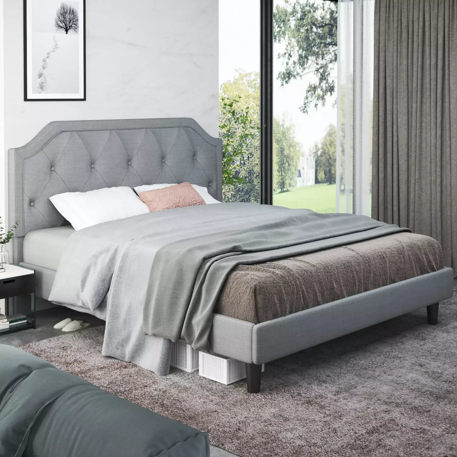 Amolife Queen Upholstered Platform Bed Frame Diamond Button Tufted Headboard Light Grey