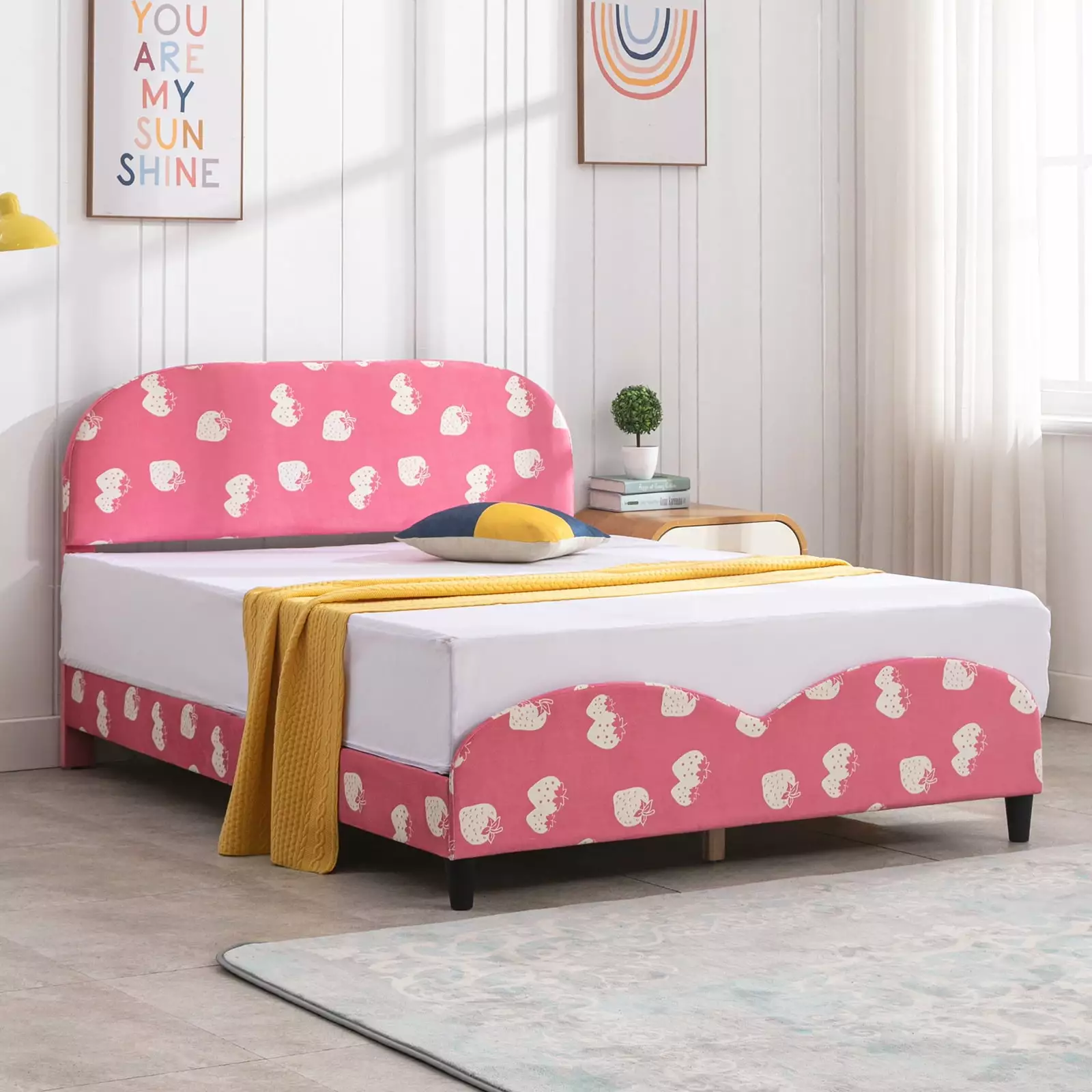 BALUS Kids Twin Bed Frame Smooth Curved Upholstered Headboard - Strawberry Design Pink