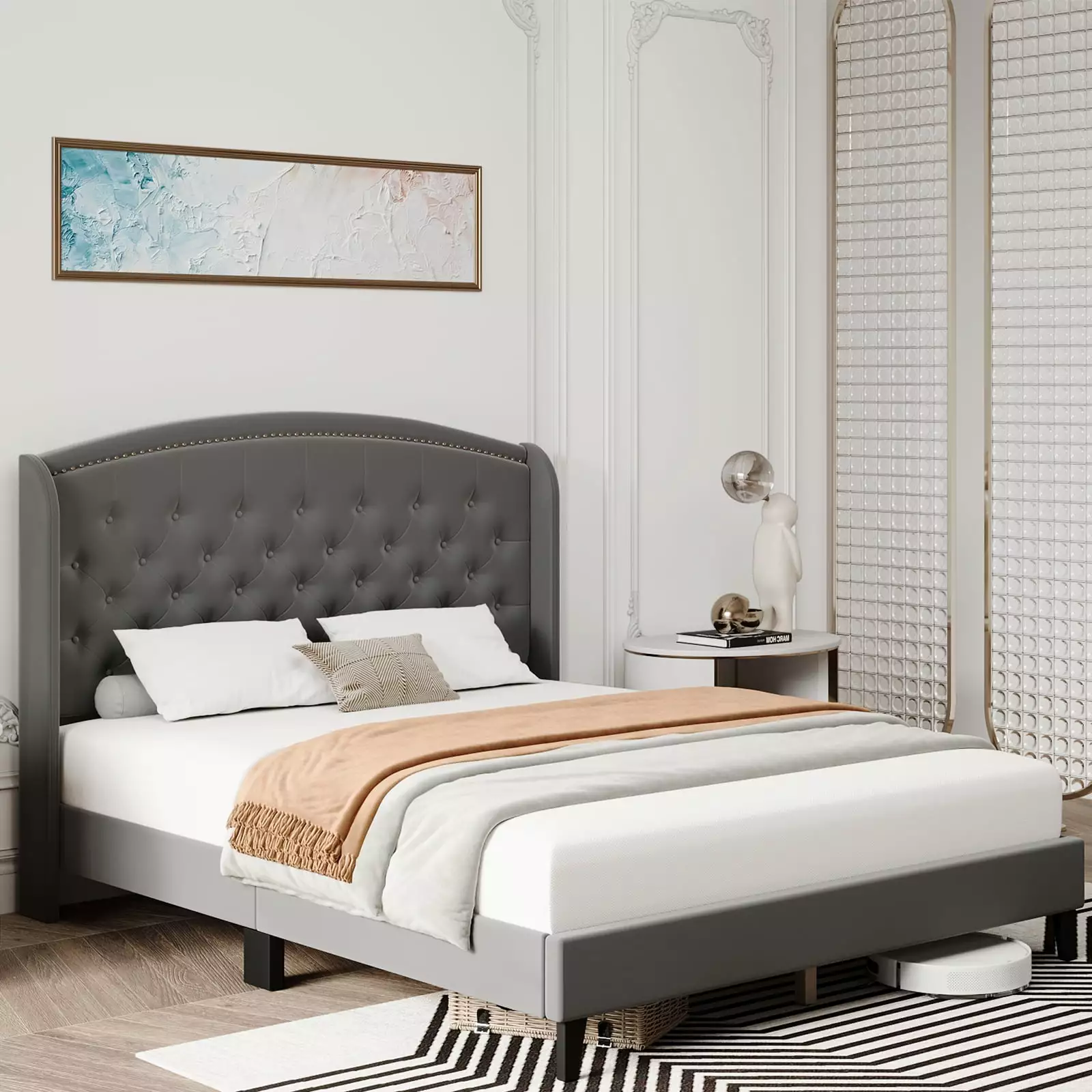 BEKAY Full Size Bed Frame Upholstered Platform Bed Wingback Headboard Heavy Duty Button Tufted Bed Frame Wood Slat Support...