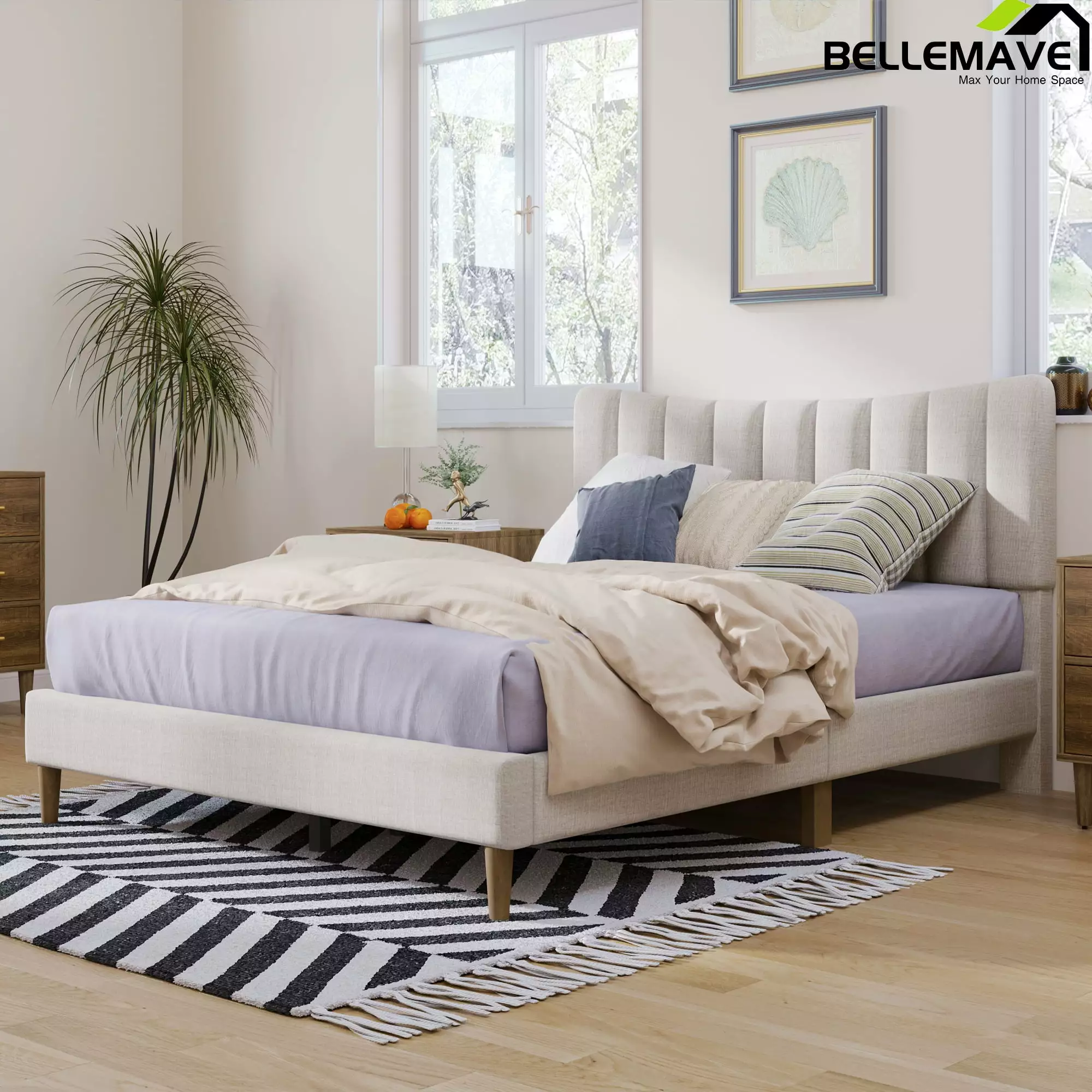 Bellemave Full Size Linen Upholstered Platform Bed Tufted Headboard Modern Bed Frame