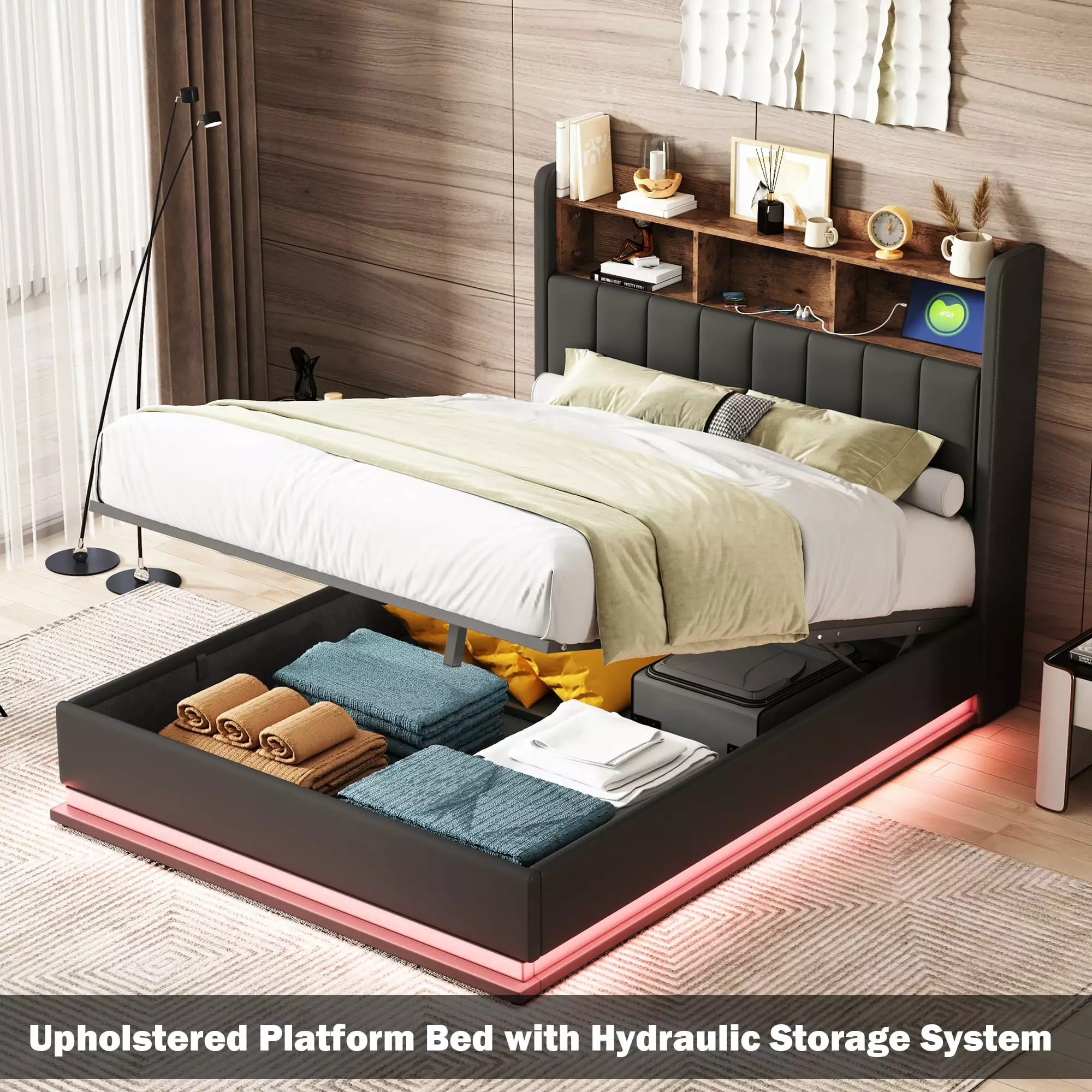 Bellemave Full Size PU Upholstered Platform Bed Storage Headboard and Hydraulic Storage System Storage Platform Bed USB Ch...