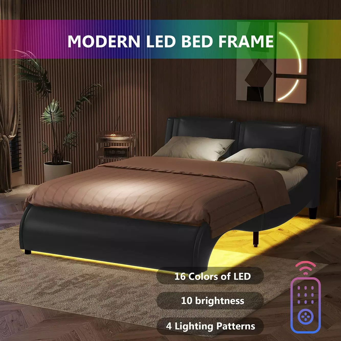 Bellemave Full Size Upholstered Platform Bed LED Lights Underneath Faux Leather Platform Bed Frame Headboard