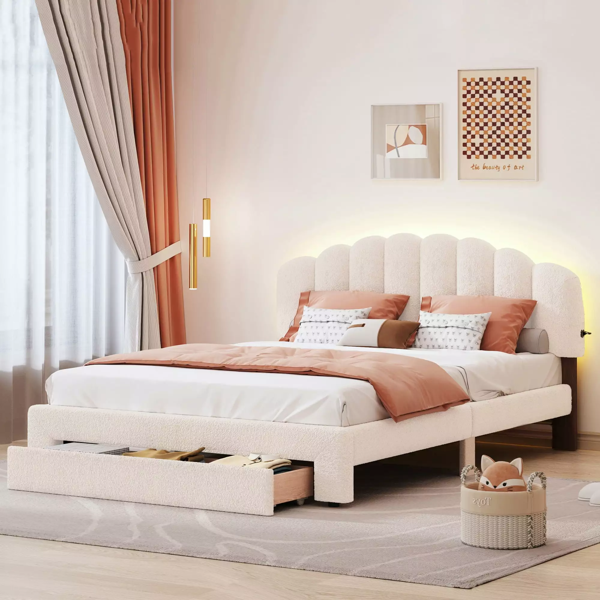 Bellemave LED Queen Bed Frame Storage Drawers Teddy Fleece Upholstered Platform USB Ports Princess Bed