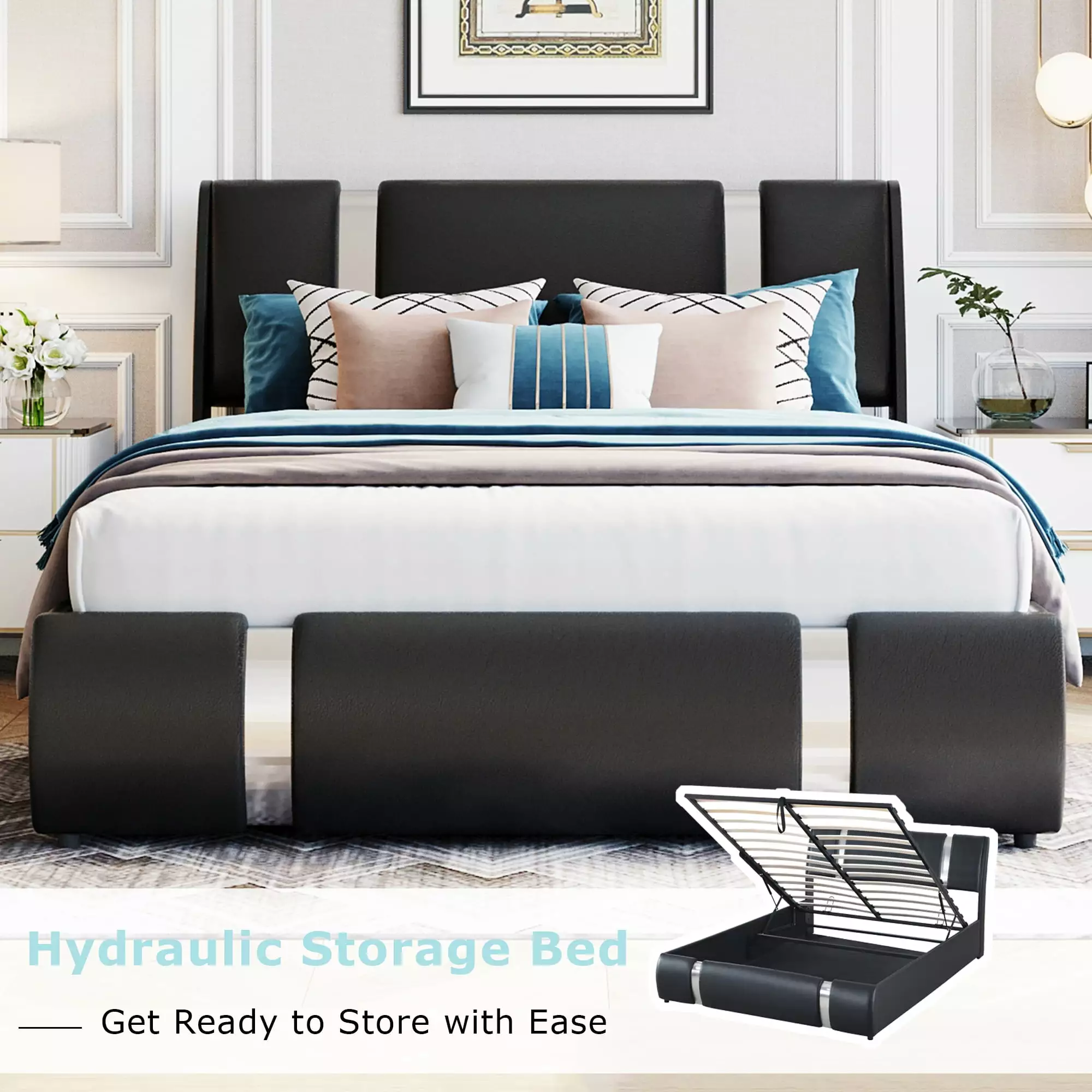 Bellemave Modern Faux Leather Upholstered Bed Frame Lift Up Storage Full Size Black
