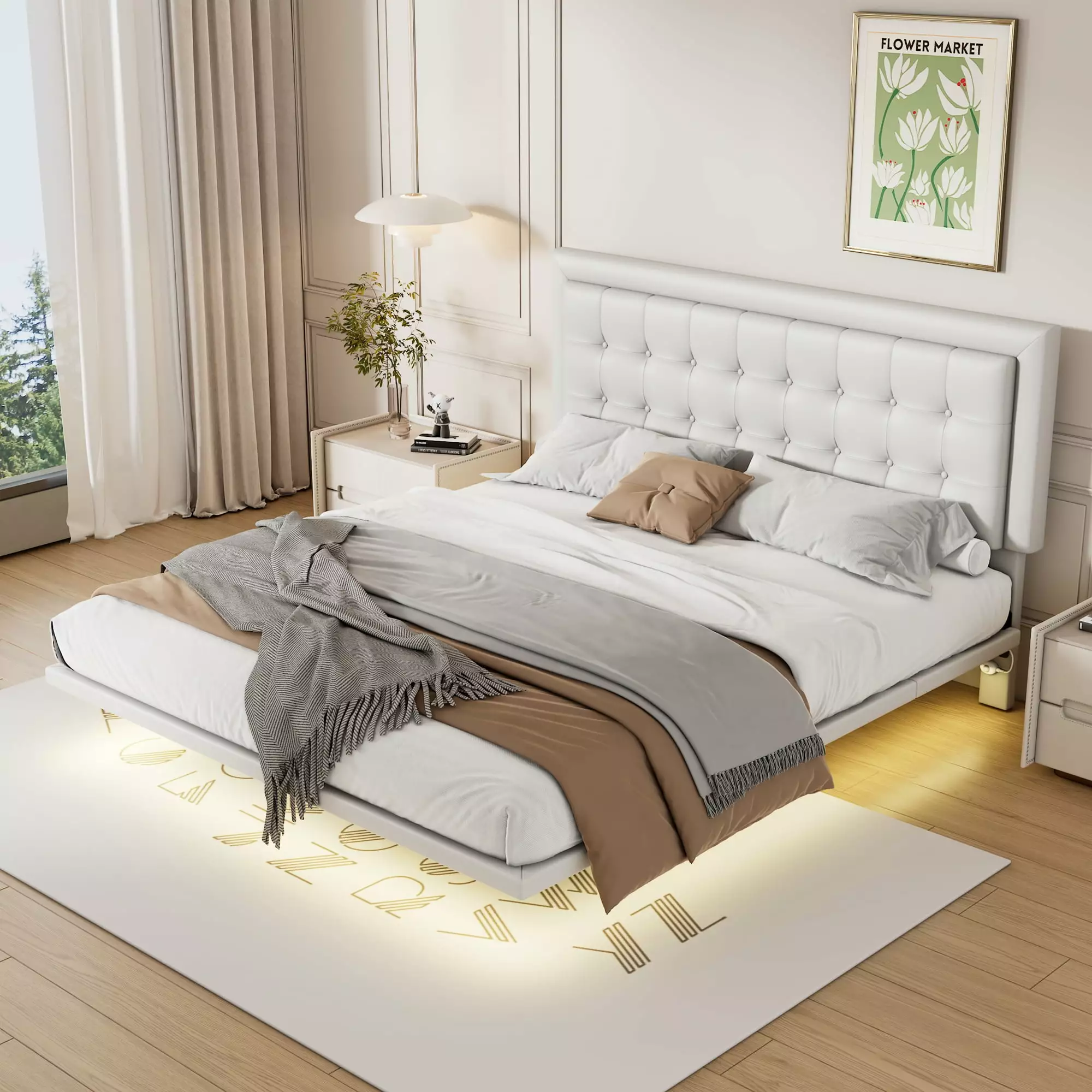 Bellemave Modern Queen Size Floating Platform Bed Motion Activated Nightlight PU Leather Upholstered Button Tufted LED Bed...