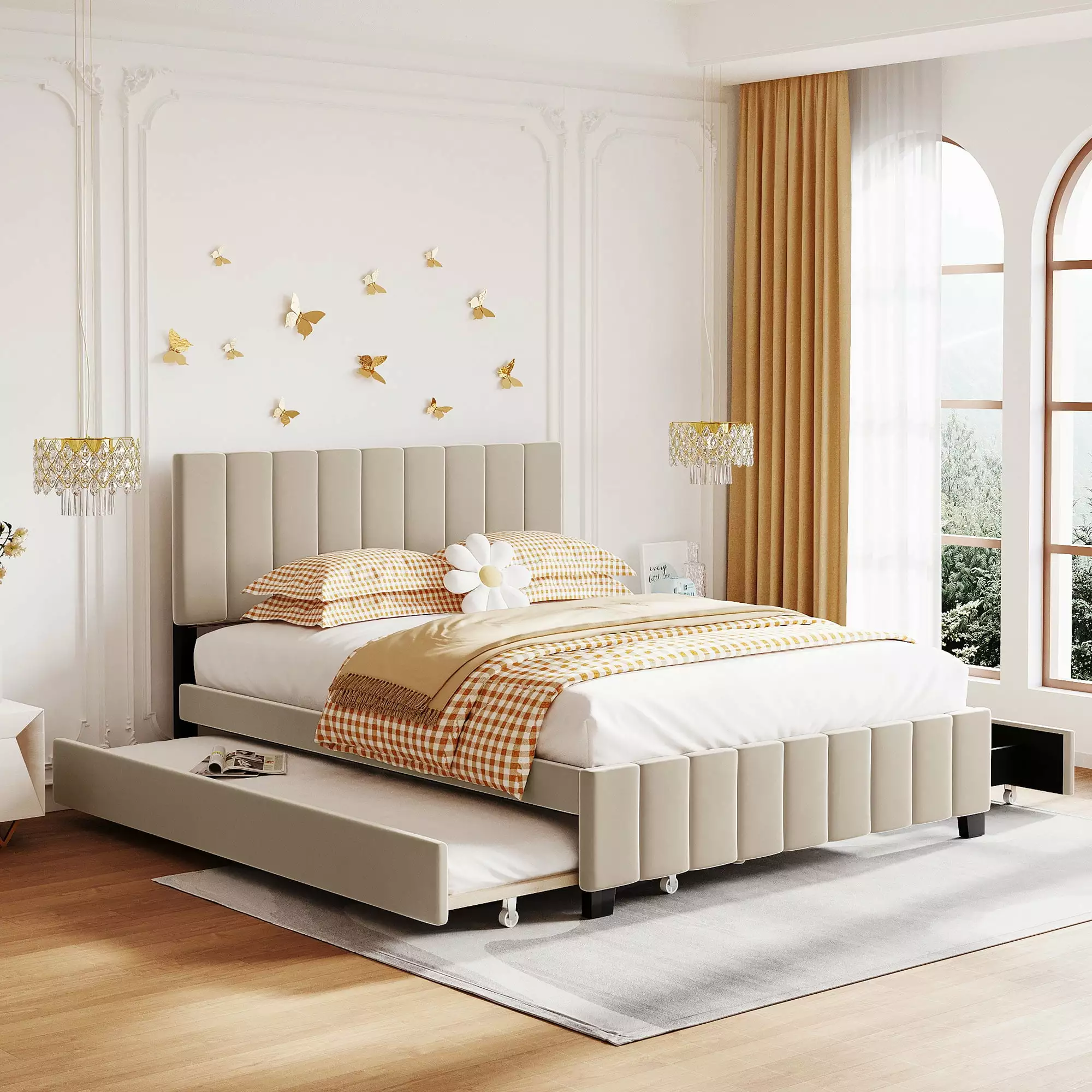 Bellemave Queen Size Velvet Upholstered Platform Bed 2 Storage Drawers and Twin XL Trundle