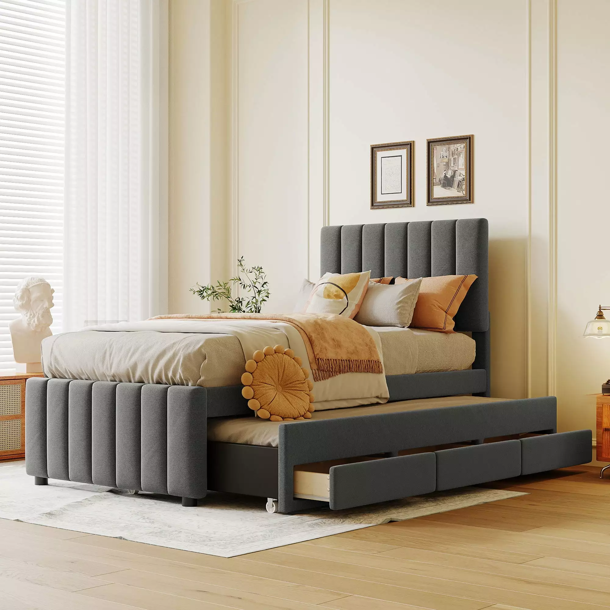 Bellemave Twin Bed Trundle and Storage Upholstered Platform Bed 3 Drawers Wood Twin Bed Frame Tuffted Headboard Kids Teens...