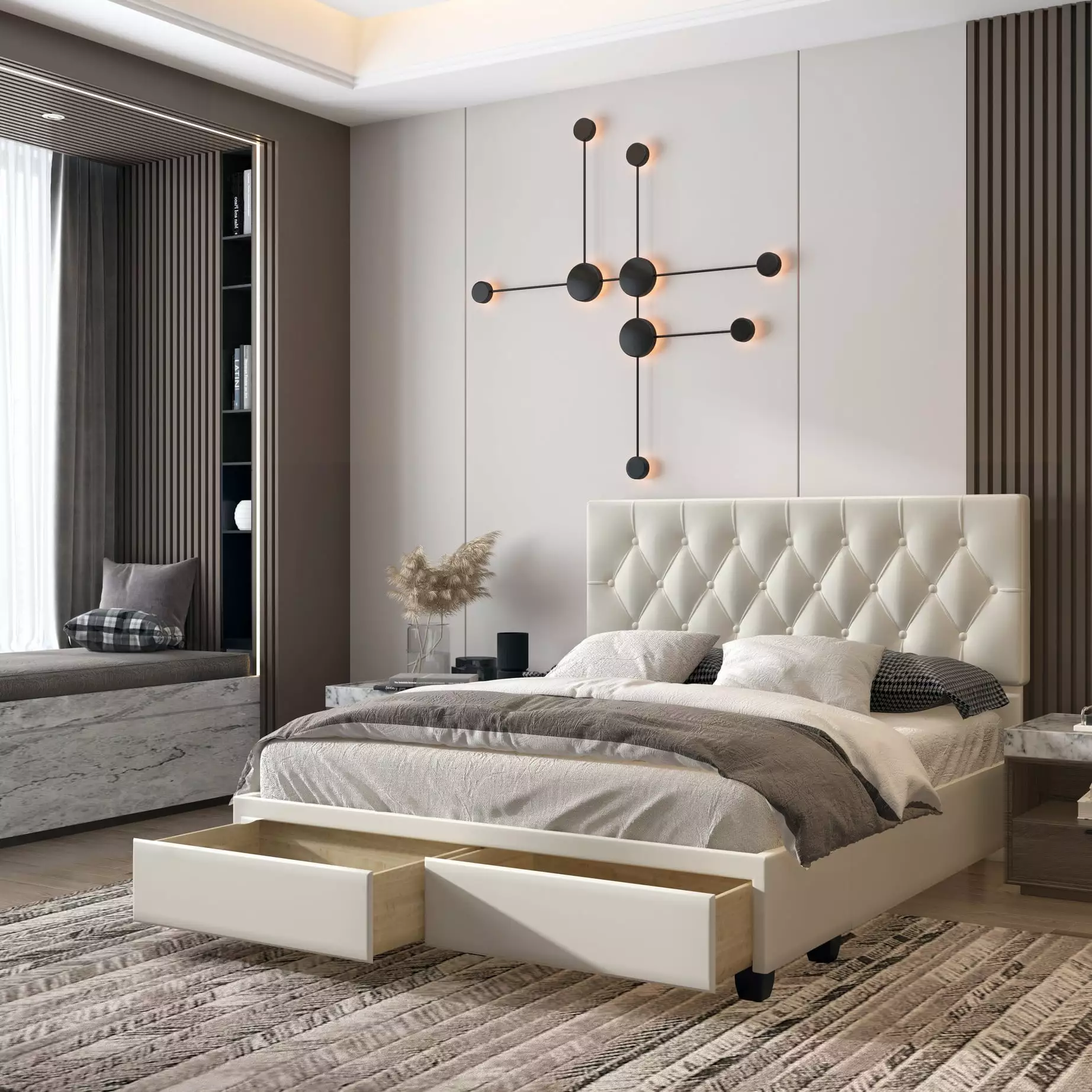 Boyd Sleep Verona Faux Leather Upholstered Tufted Platform Storage Bed Frame Queen White