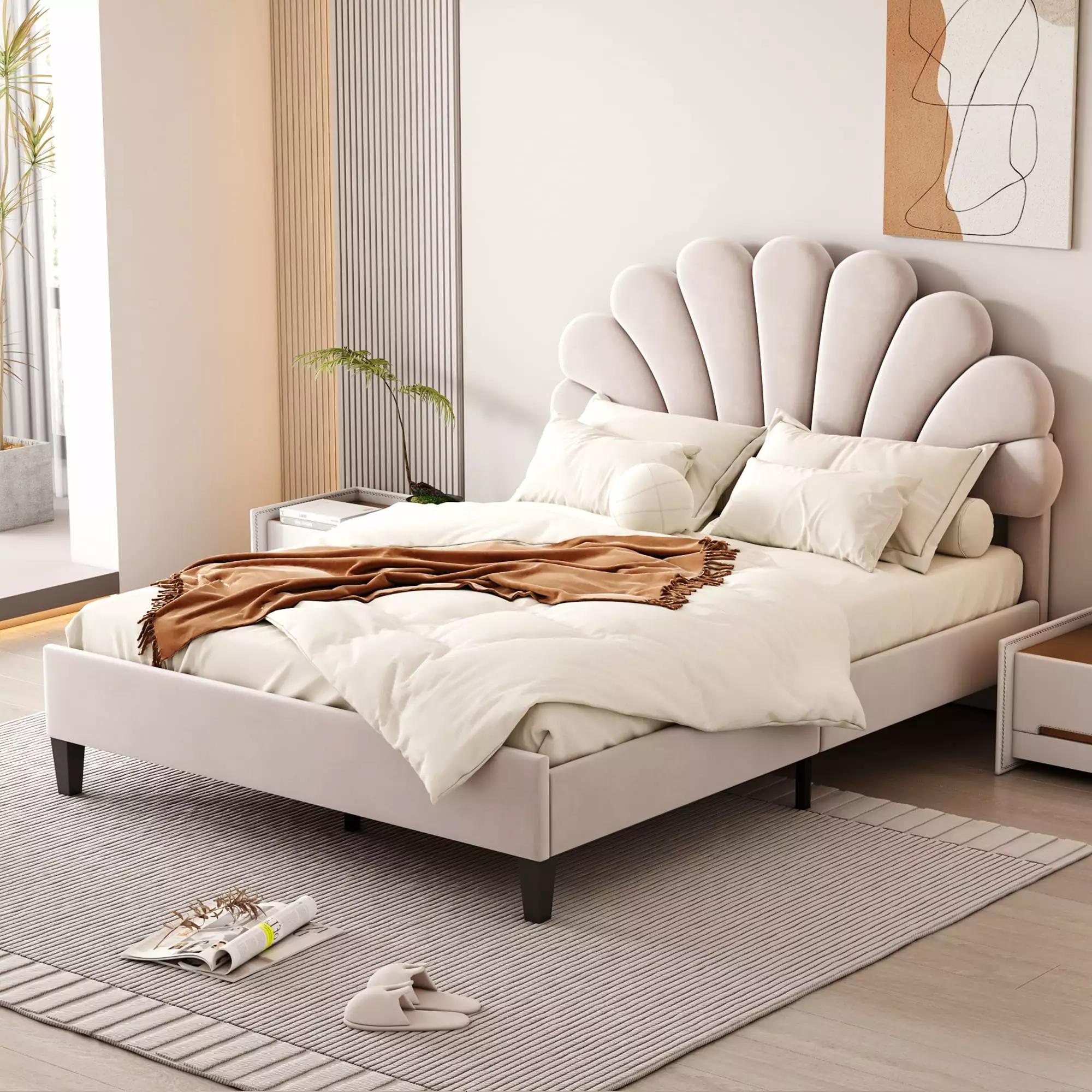 BTMWAY Full Size Bed Frame Headboard Velvet Upholstered Platform Bed Flower Pattern Beige