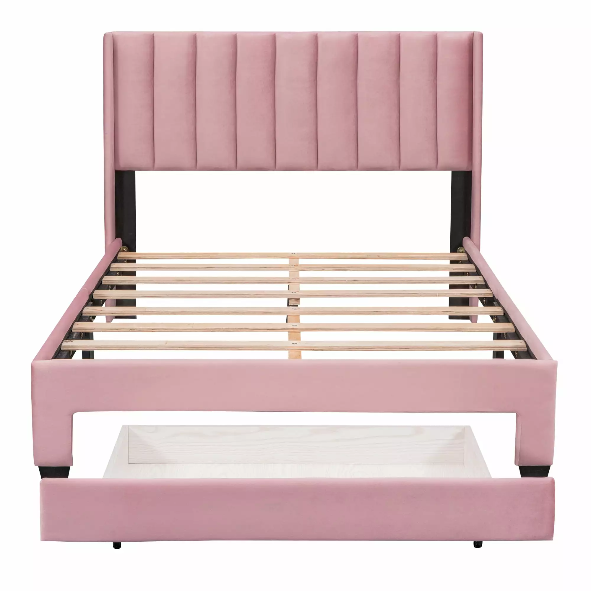 BTMWAY Full Upholstered Storage Bed Pink Velvet Platform Bed Headboard and Big Drawer No Box Spring Needed Modern Furniture