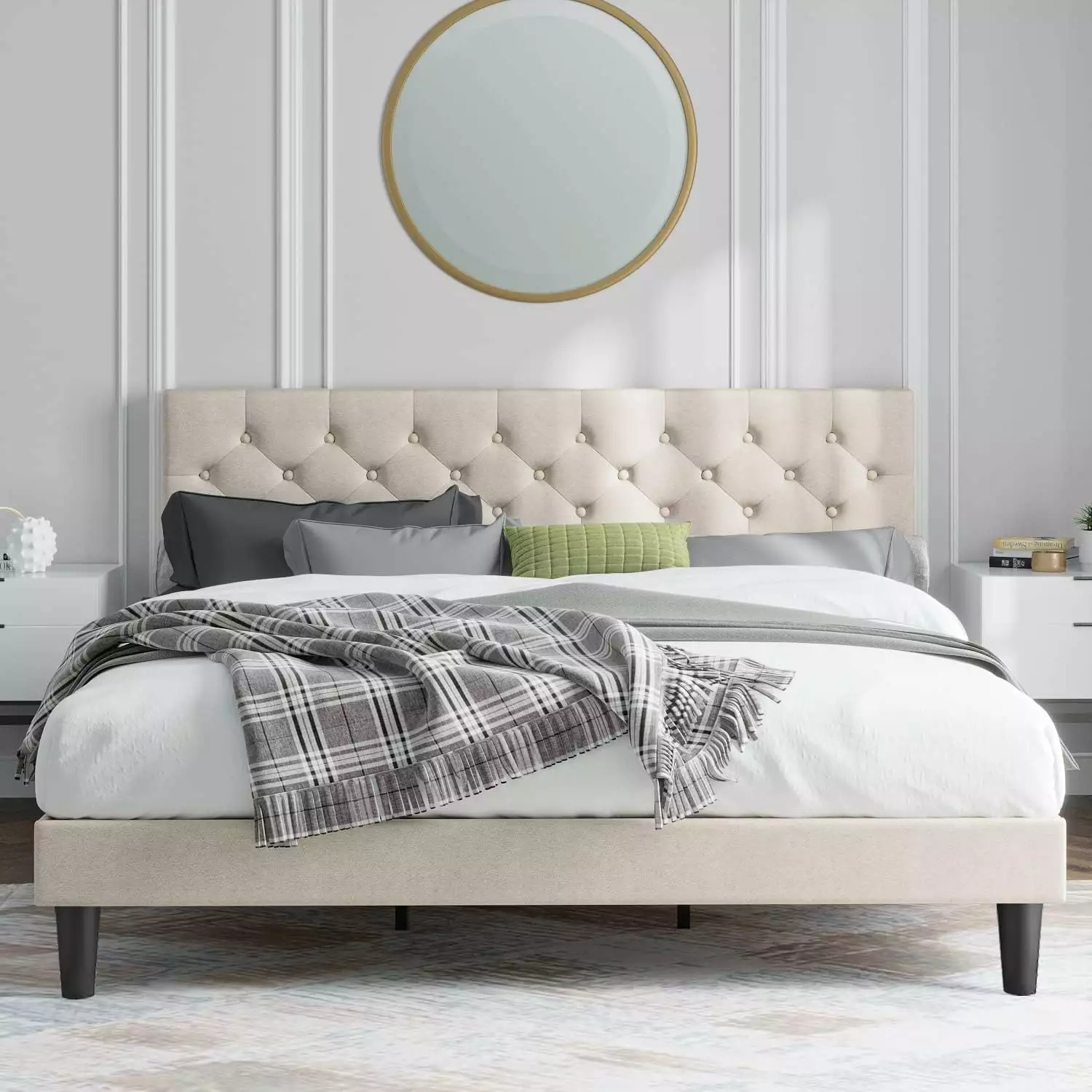 King Size Upholstered Platform Bed Frame Headboard Linen Fabric Button Tufted Headboard Beige Elegant Bed Frame Catrimown