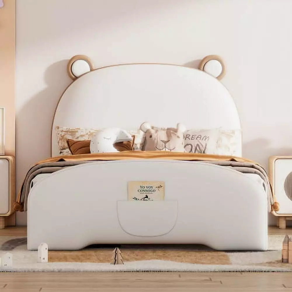 CITYLE Twin Upholstered Platform Bed Bear Shaped Headboard PU Leather Frame Footboard Slats Support Low Profile White