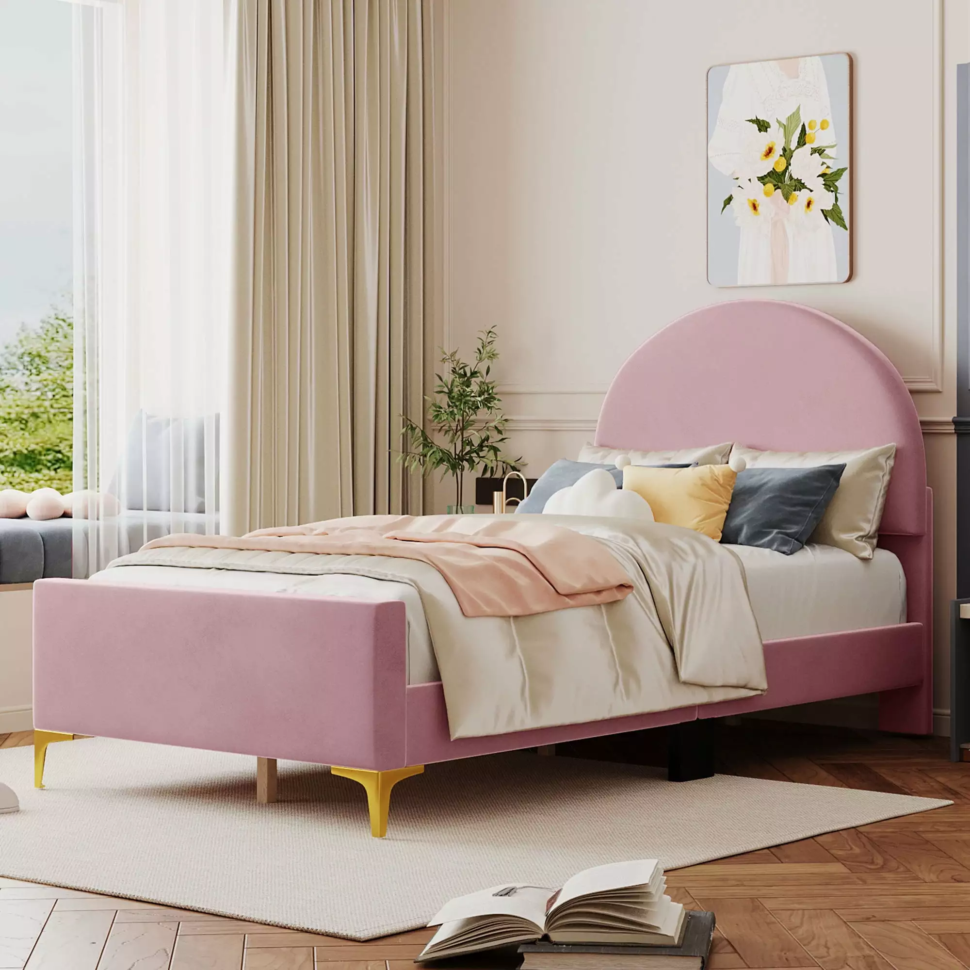 Twin Size Upholstered Bed Frame Semi-circle Shaped Headboard Velvet Platform Bed Metal Legs Pink Clipeyh