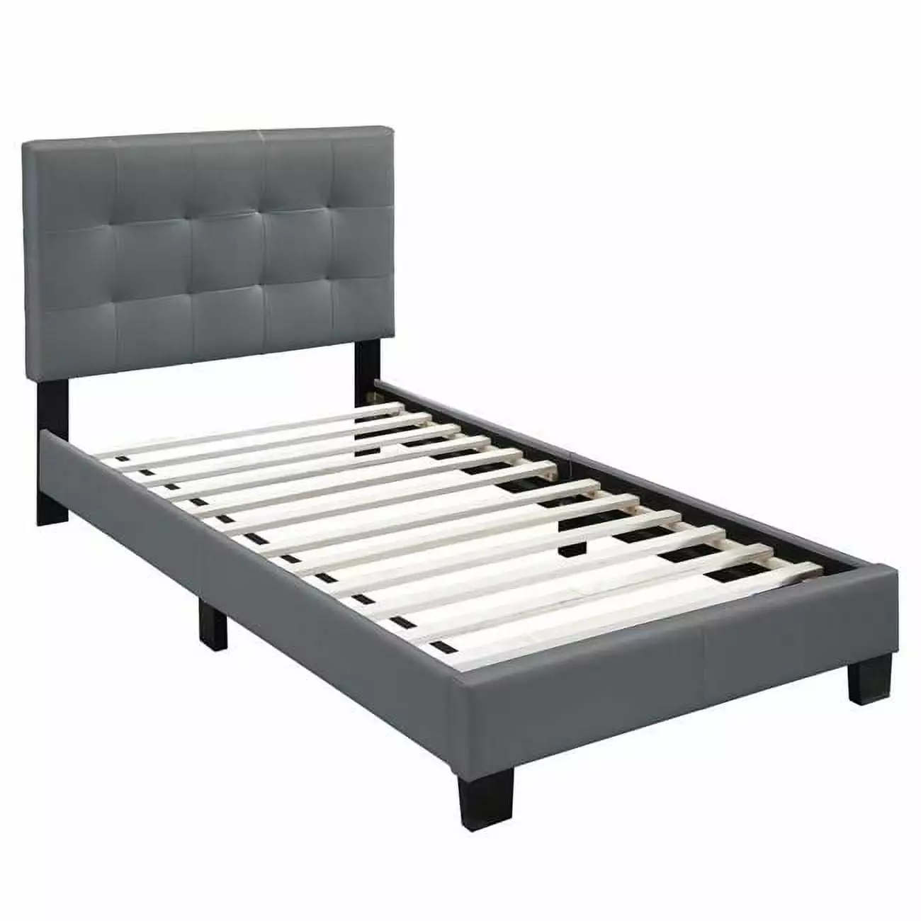 Twin Size Leatherette Bed Checkered Tufted Headboard Gray DeluxDesigns