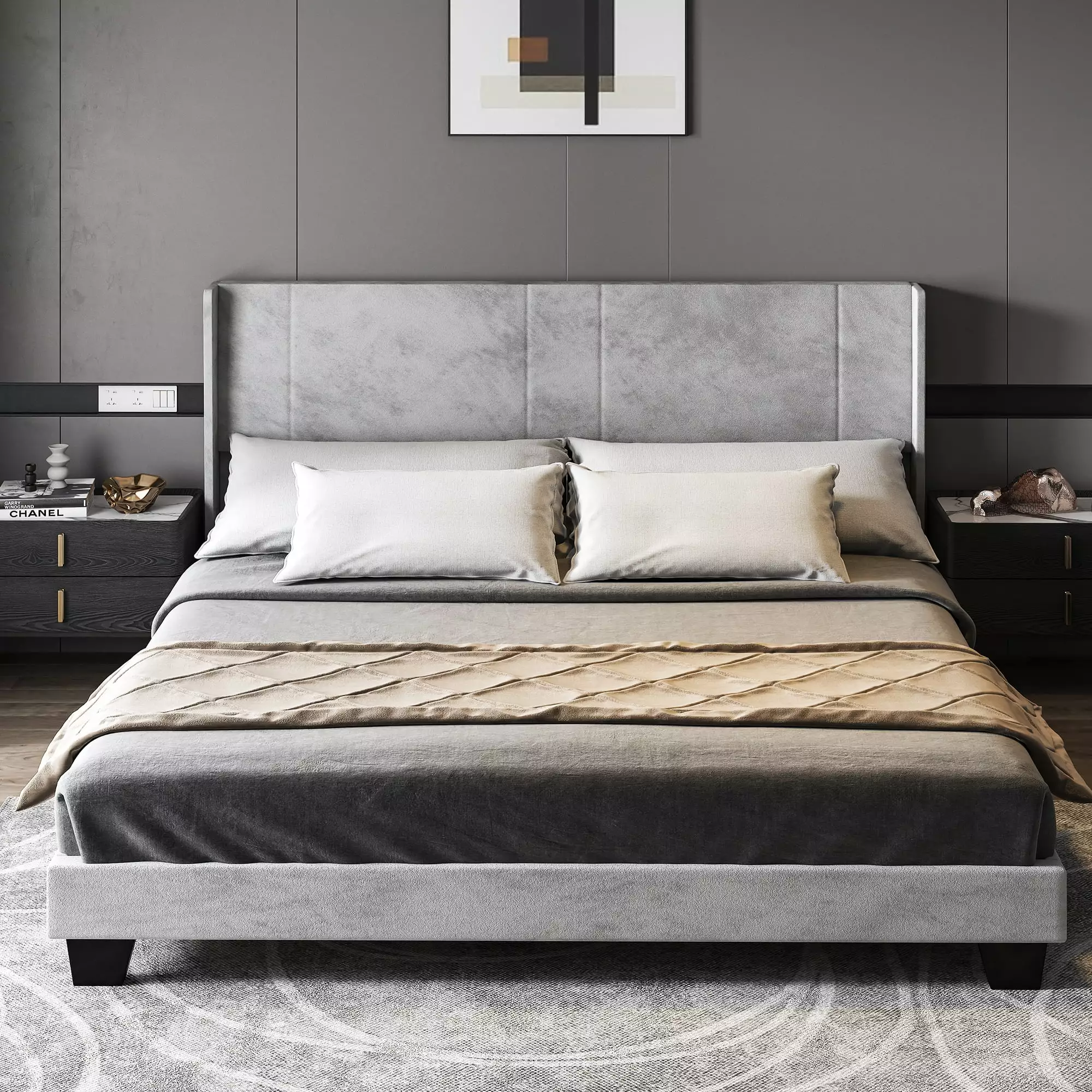 Dextrus Full Size Upholstered Wingback Platform Bed Gray Velvet Headboard - No Box Spring Needed