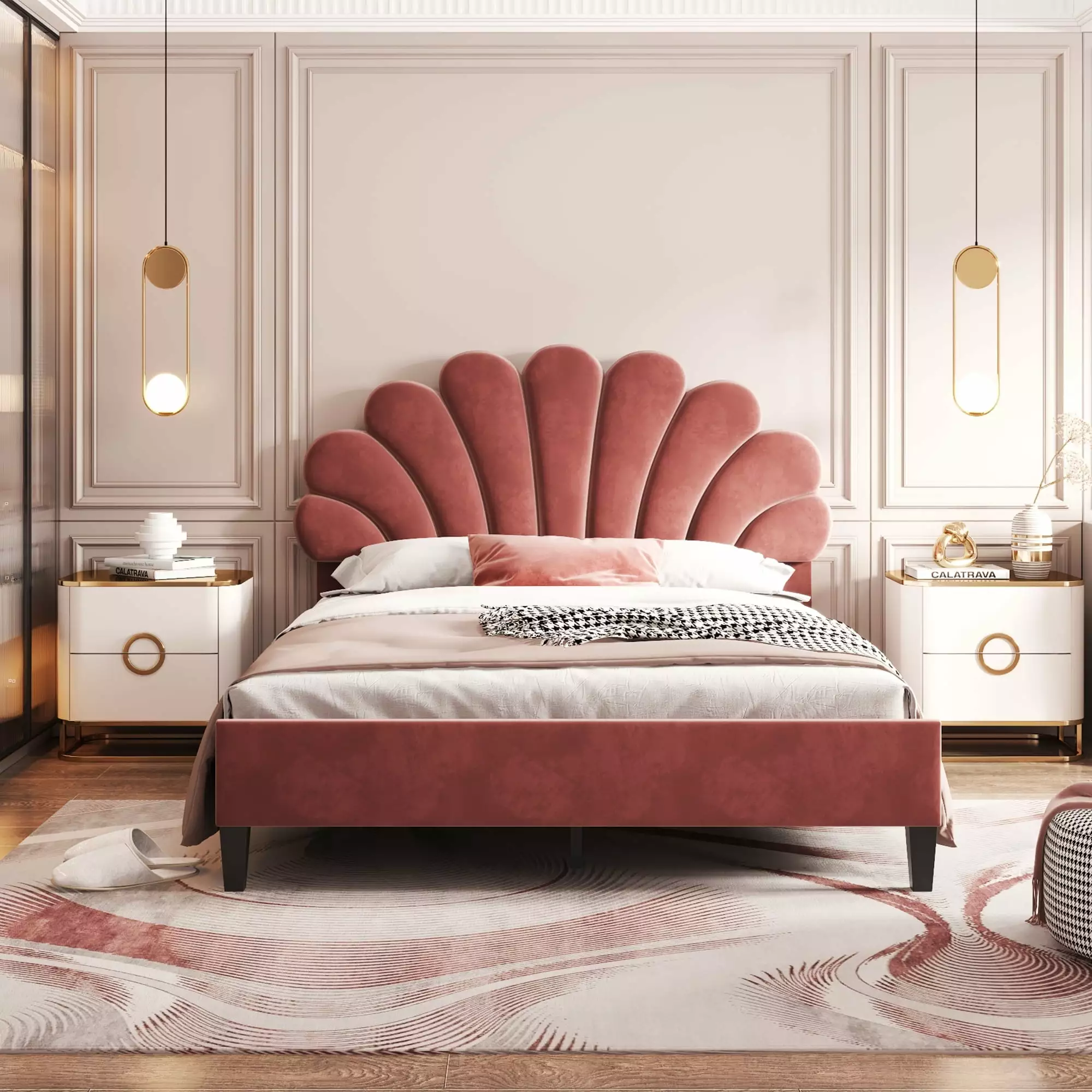 DreamBuck Full Size Velvet Upholstered Platform Bed - Red Chic Bed Frame Flower Pattern Headboard