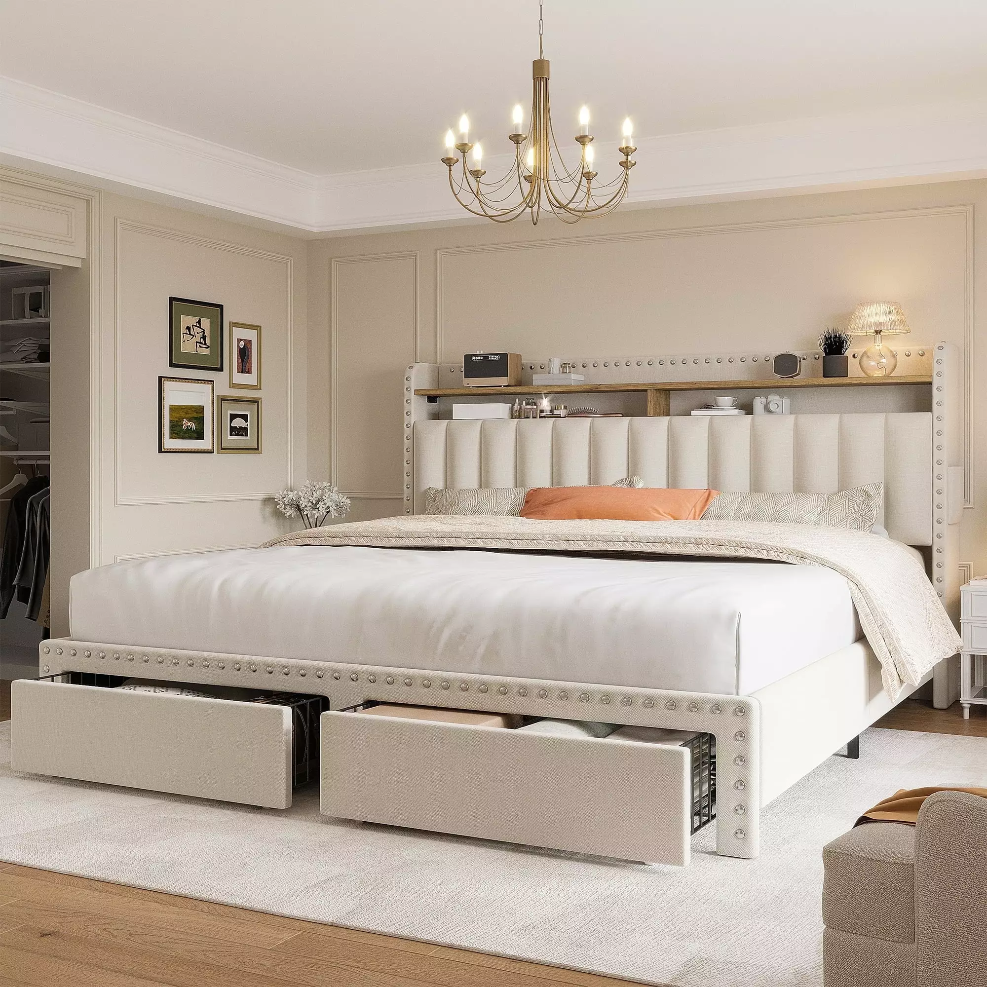EnHomee Queen Bed Frame Headboard and Storage Upholstered Platform Bed 2 Large Drawers Beige