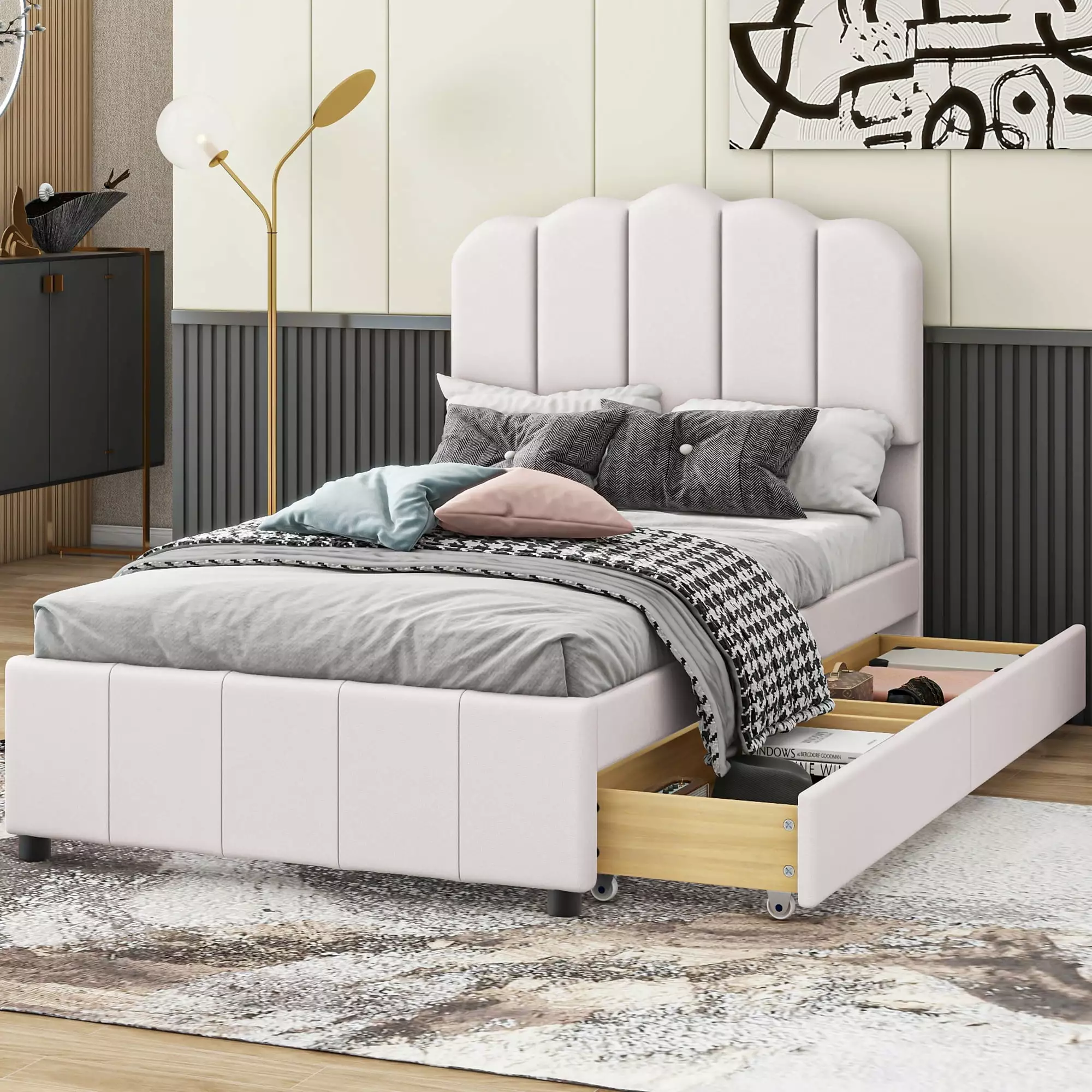 Euroco Upholstered Twin Bed Platform Bed 2 Drawers Beige