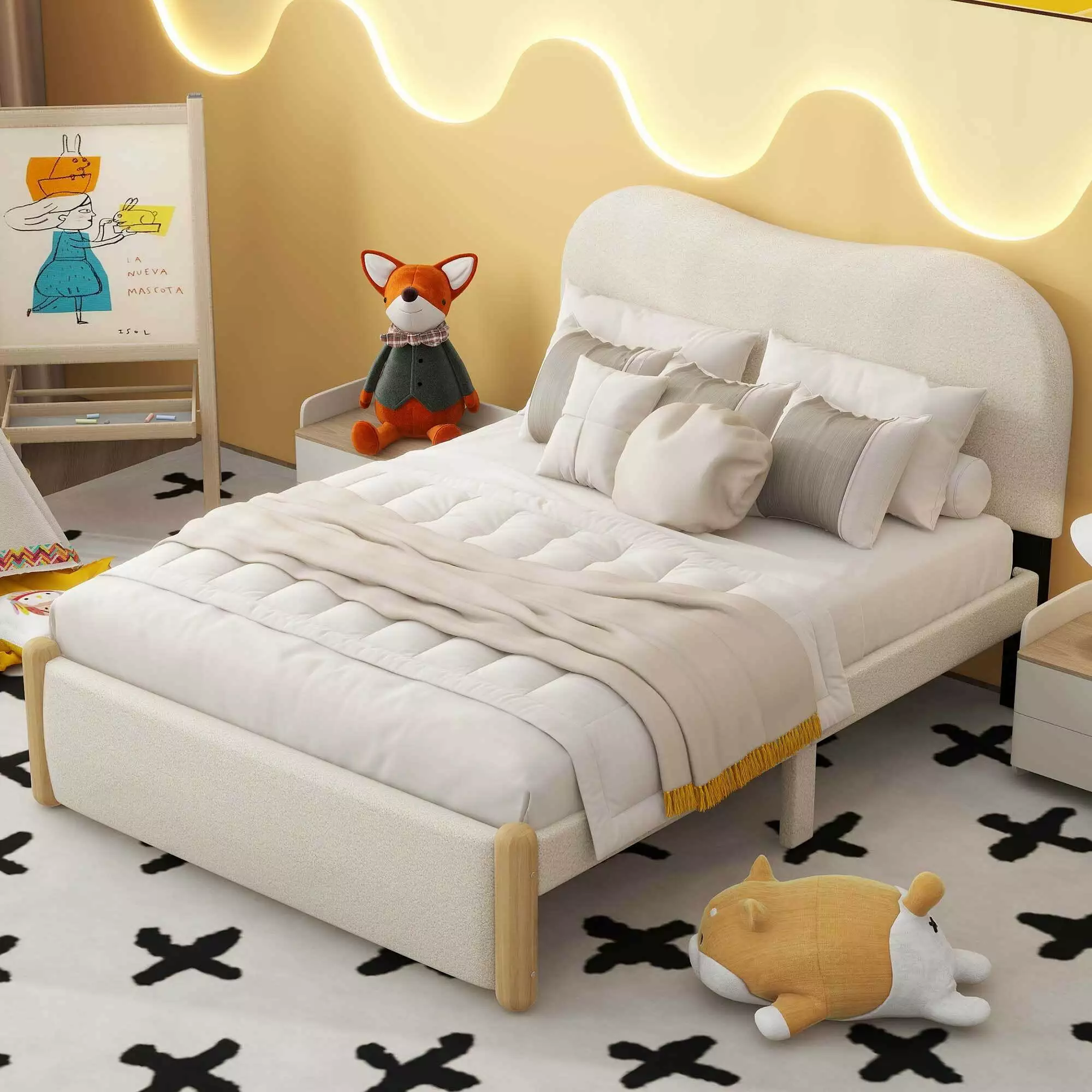 EUROCO Upholstery Full Size Platform Bed Upholstered Headboard and Wood Support Legs Beige