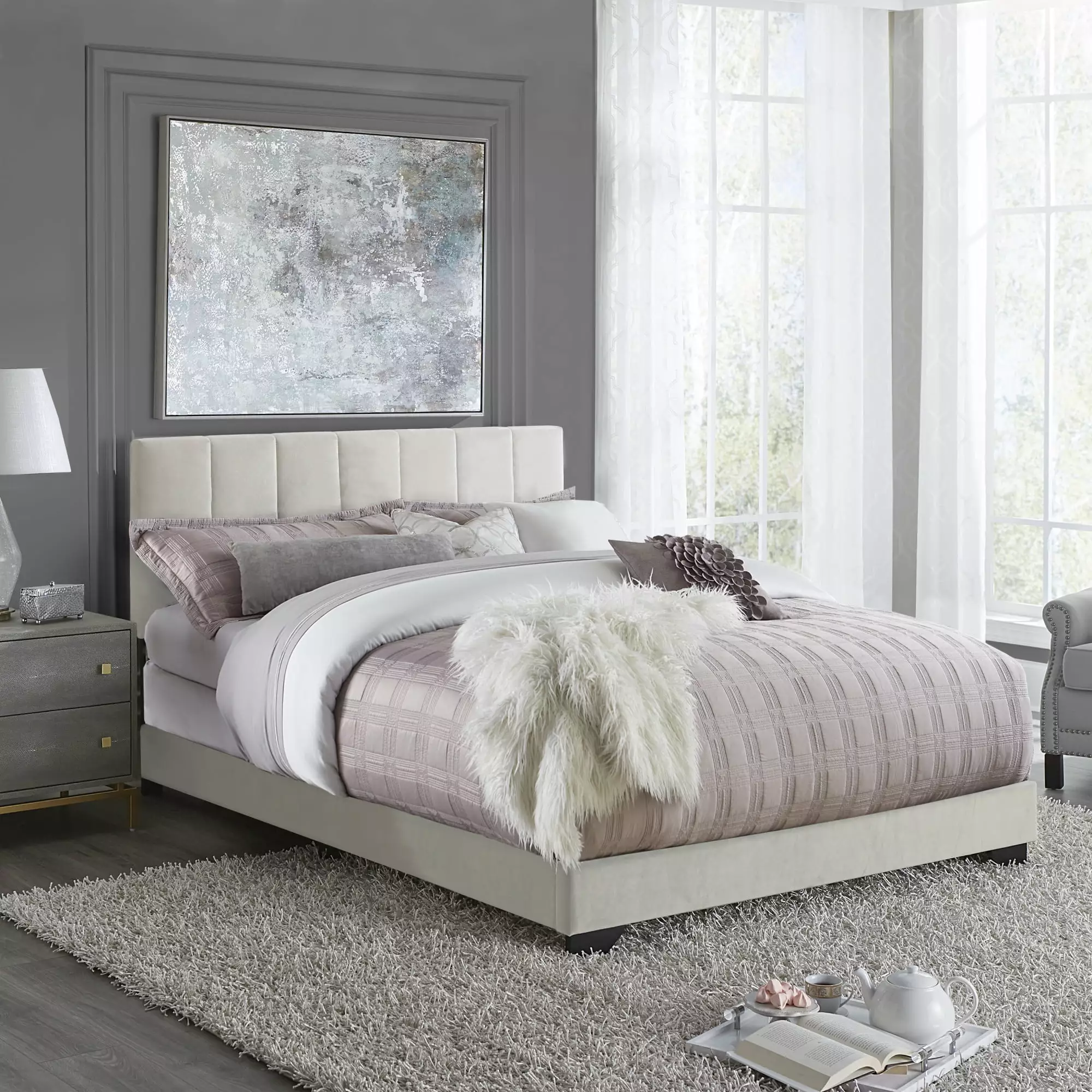 Reece Channel Stitched Upholstered Queen Bed Ivory Hillsdale Living Essentials