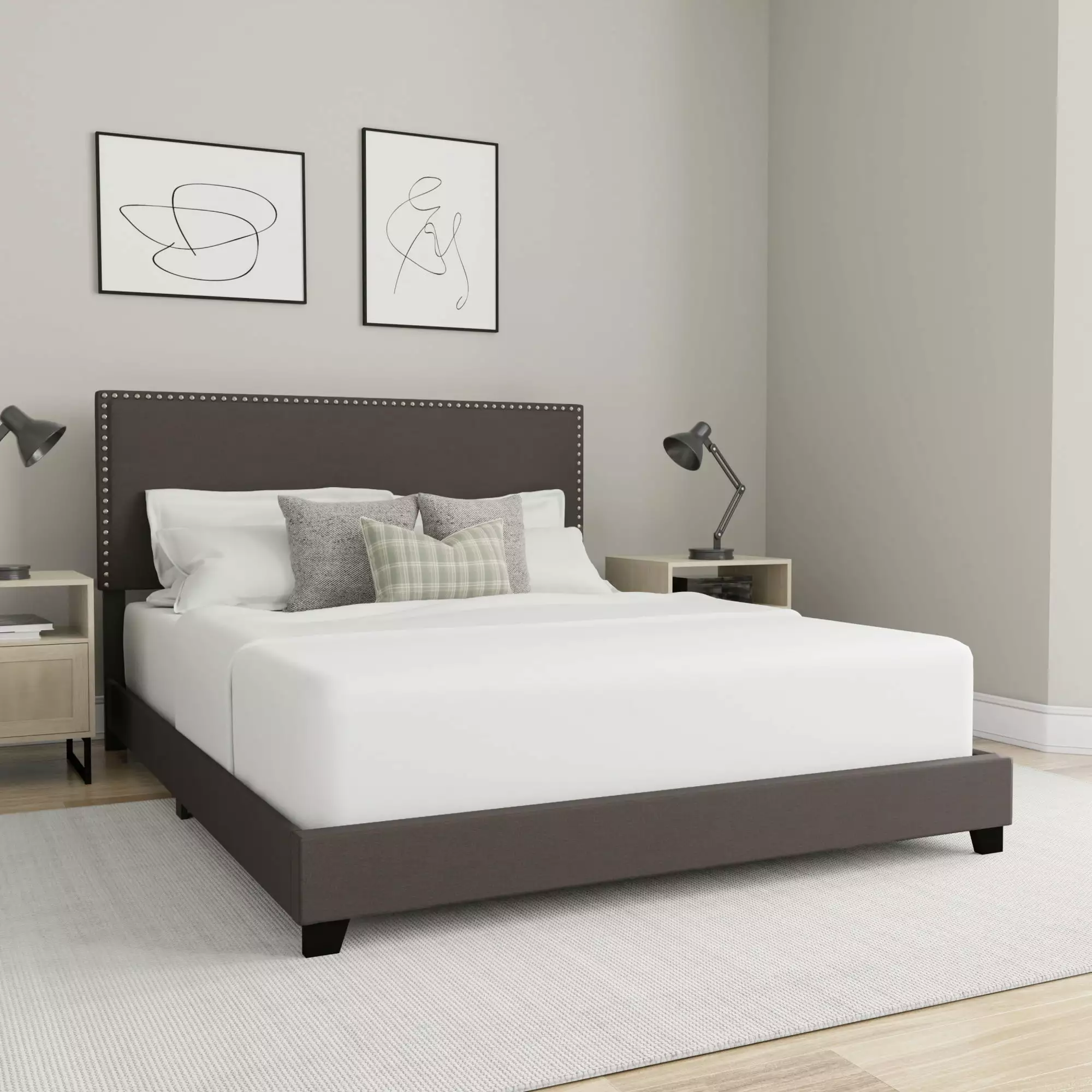 Willow Nailhead Trim Upholstered Queen Bed Charcoal Fabric Modern Bed Frame Hillsdale