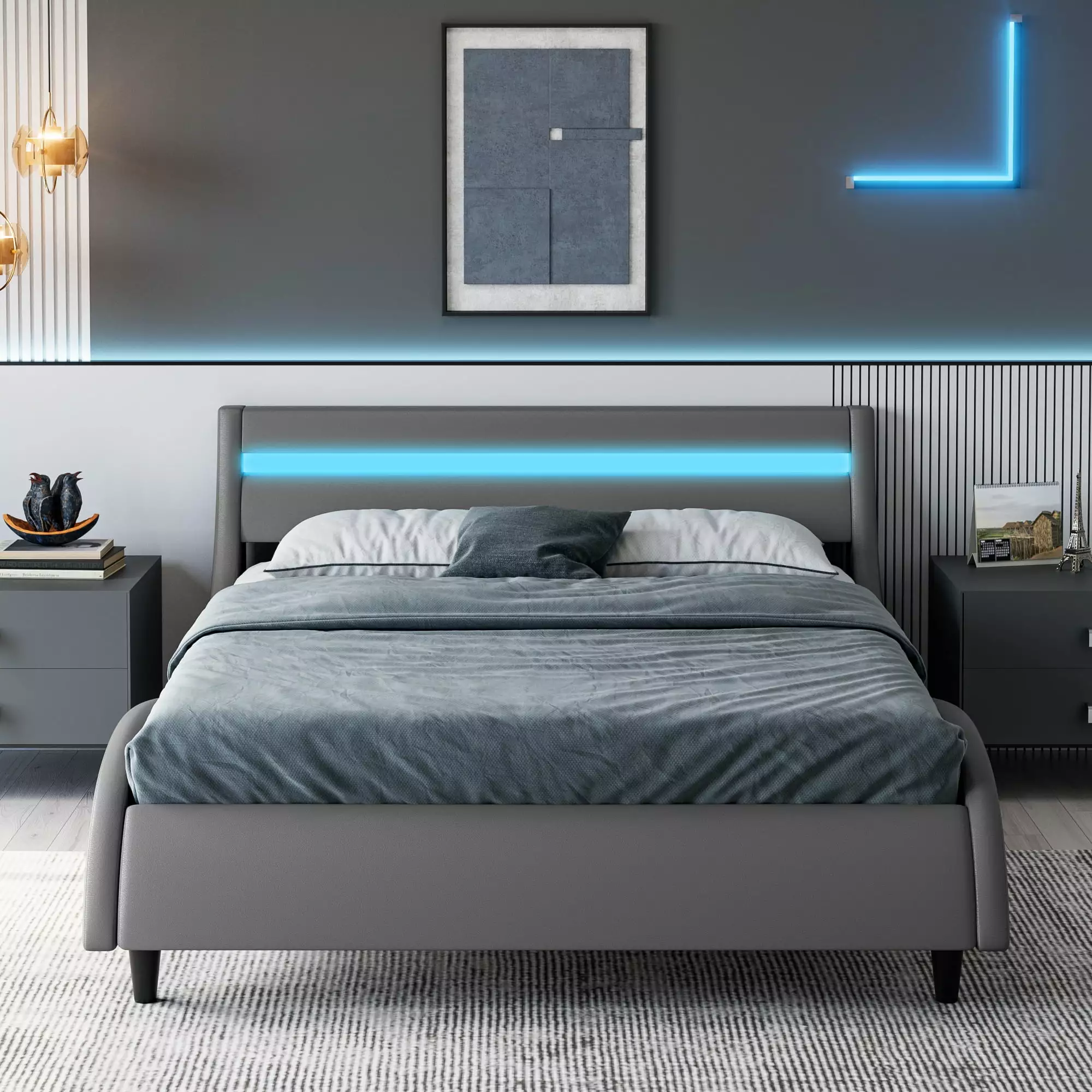 Homfa Queen Size LED Bed Frame Upholstered Platform and 16 Color Headboard, Gray