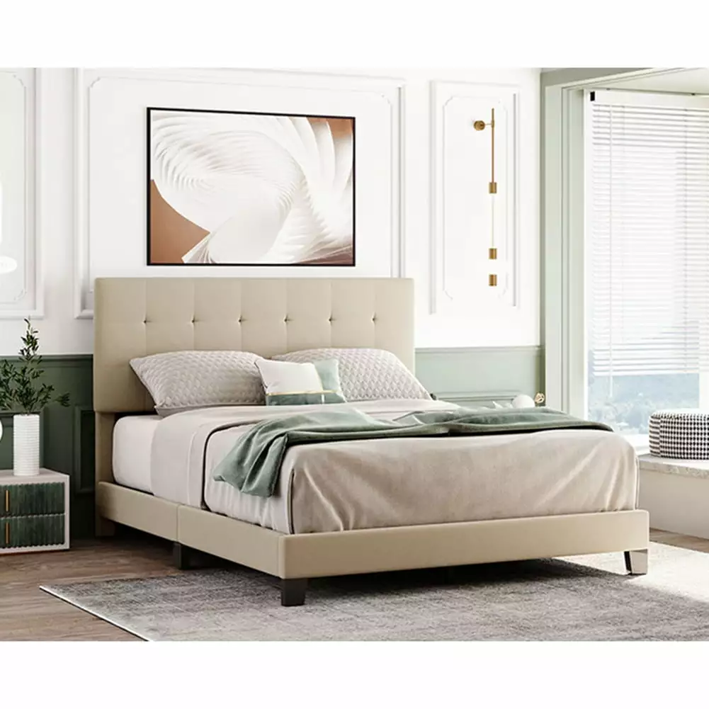 Upholstered Platform Bed Tufted Headboard Queen Size Beige - Box Spring Needed Hommoo