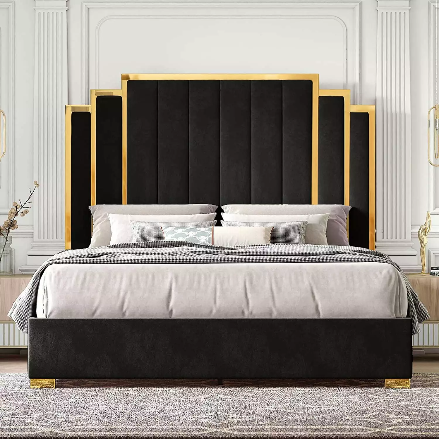 HOWE King Size Bed Frame and Headboard - Upholstered Bed Golden Plating Trim - Black