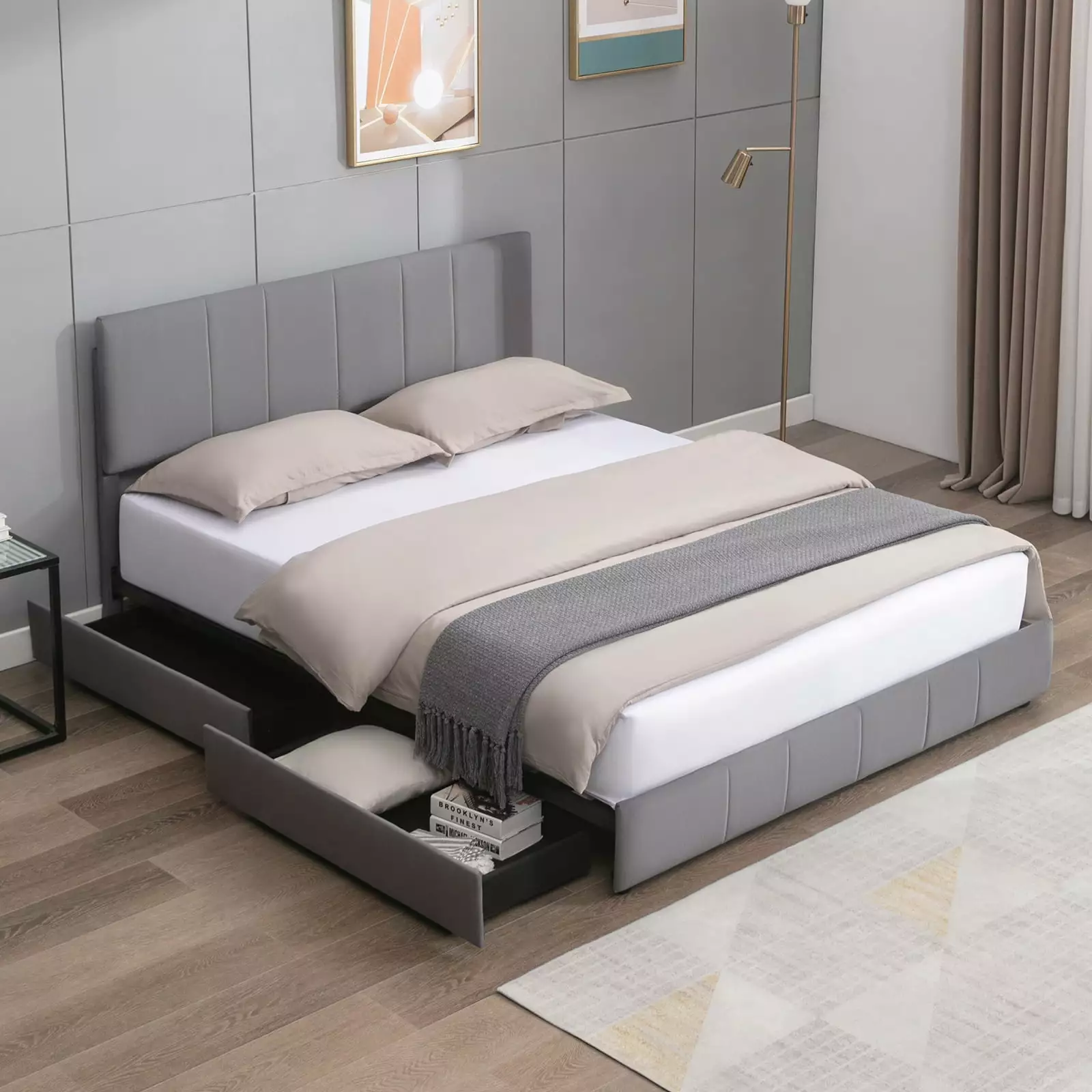 ijuicy King Size Platform Bed Frame 4 Storage Drawers Upholstered Modern Velvet Bed Frame Adjustable Headboard Dark Grey