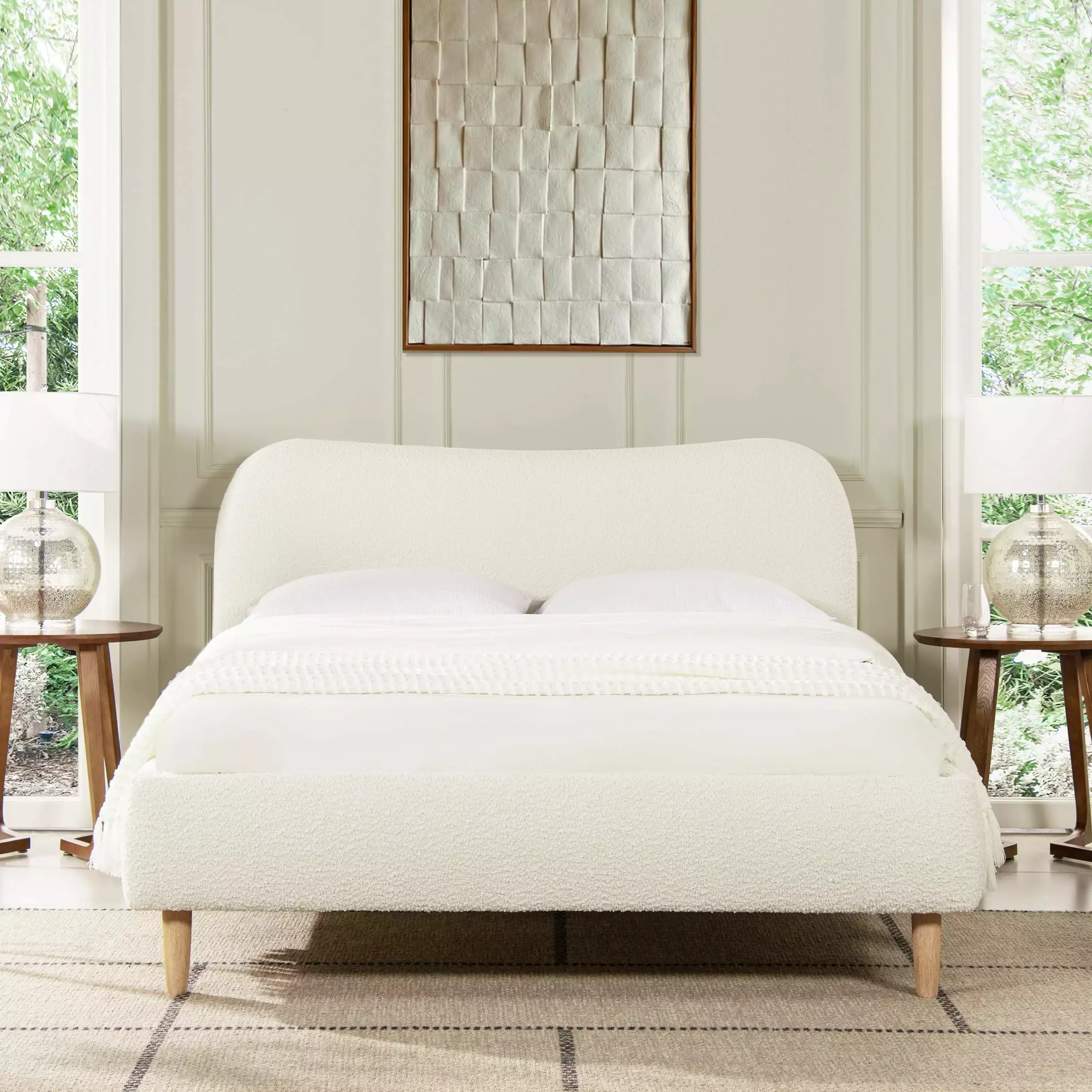 Jennifer Taylor Home Roman Curved Headboard Upholstered Platform Bed Queen Ivory White Boucle JENNIFER TAYLOR J T