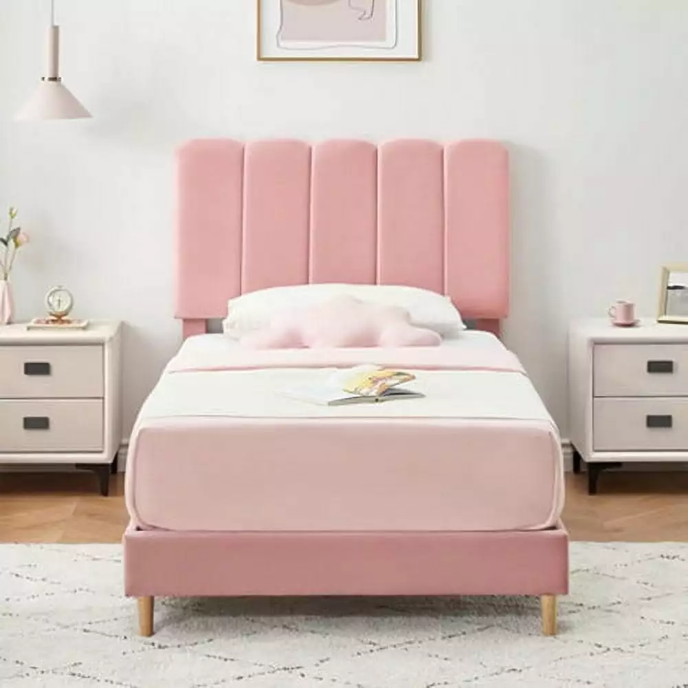 Jojoka Velvet Upholstered Twin Bed Frame Headboard Pink