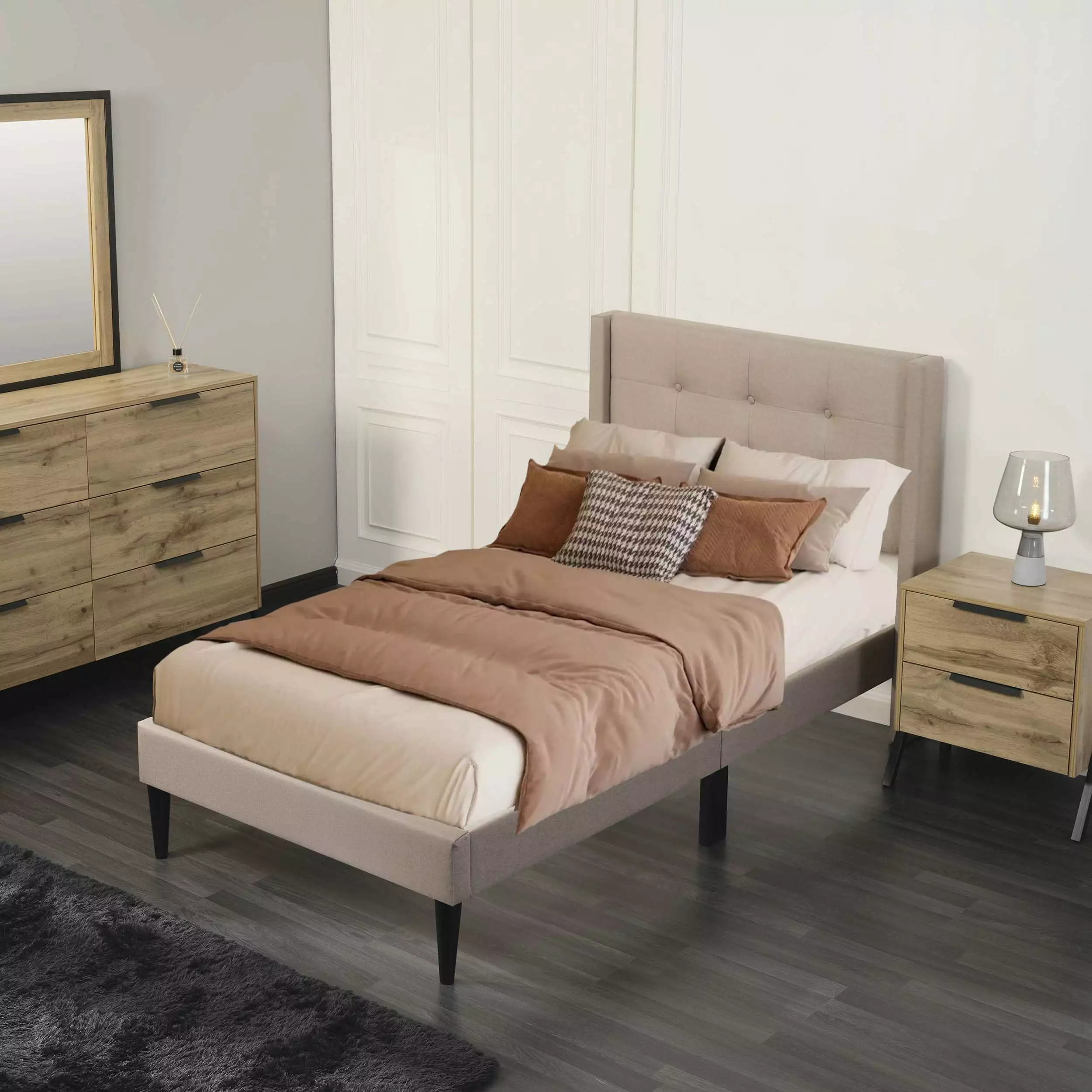Larksperal Twin Bed Frame Upholstered Headboard Teens Adults Beige No Box Spring