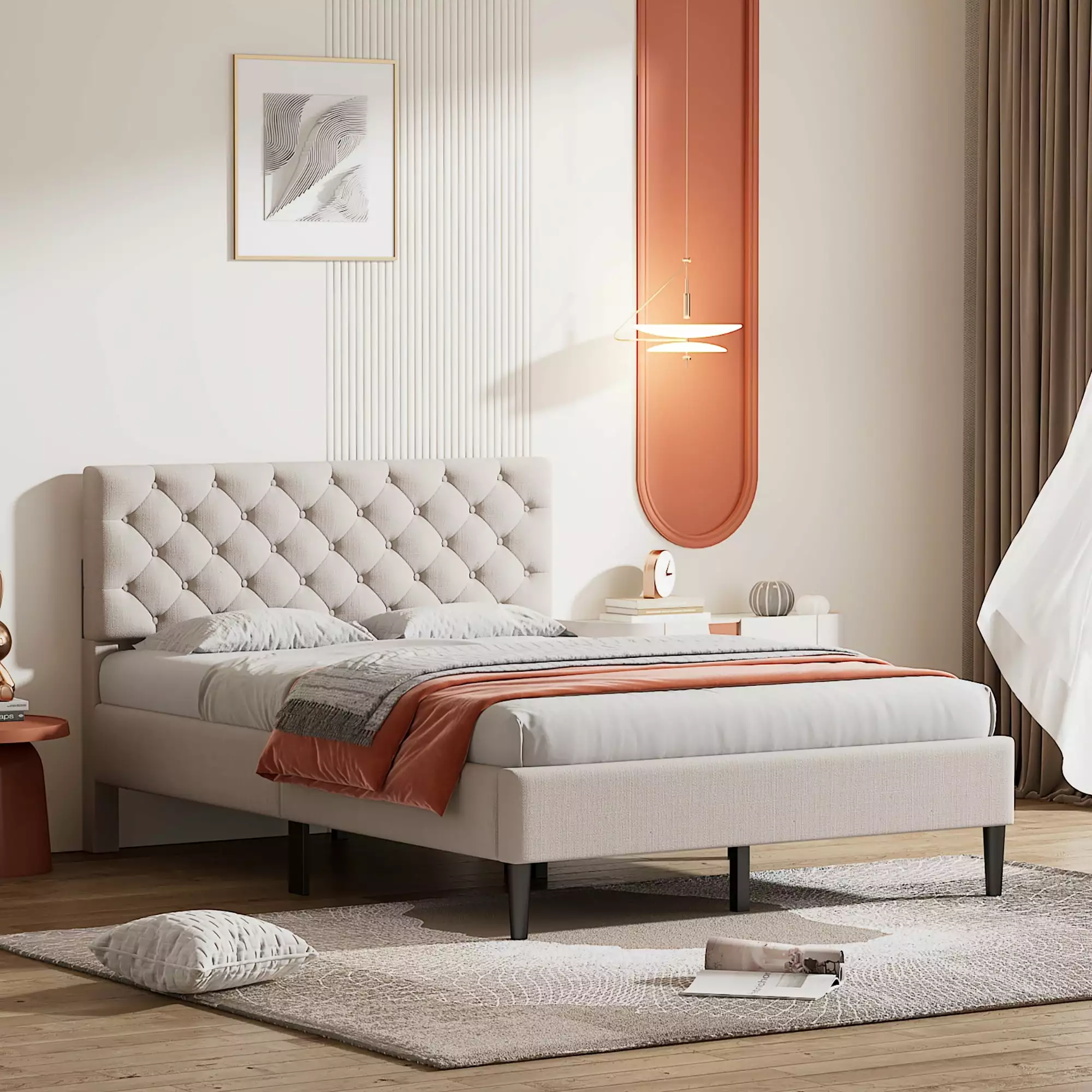 Leumius Full Size Upholstered Platform Bed Button Tufted Headboard Modern Linen Bed Frame Wood Slat Support