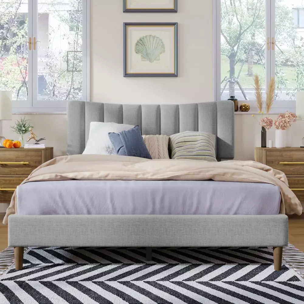 Leumius Queen Size Platform Bed Linen Upholstered Frame and Wood Slats Gray