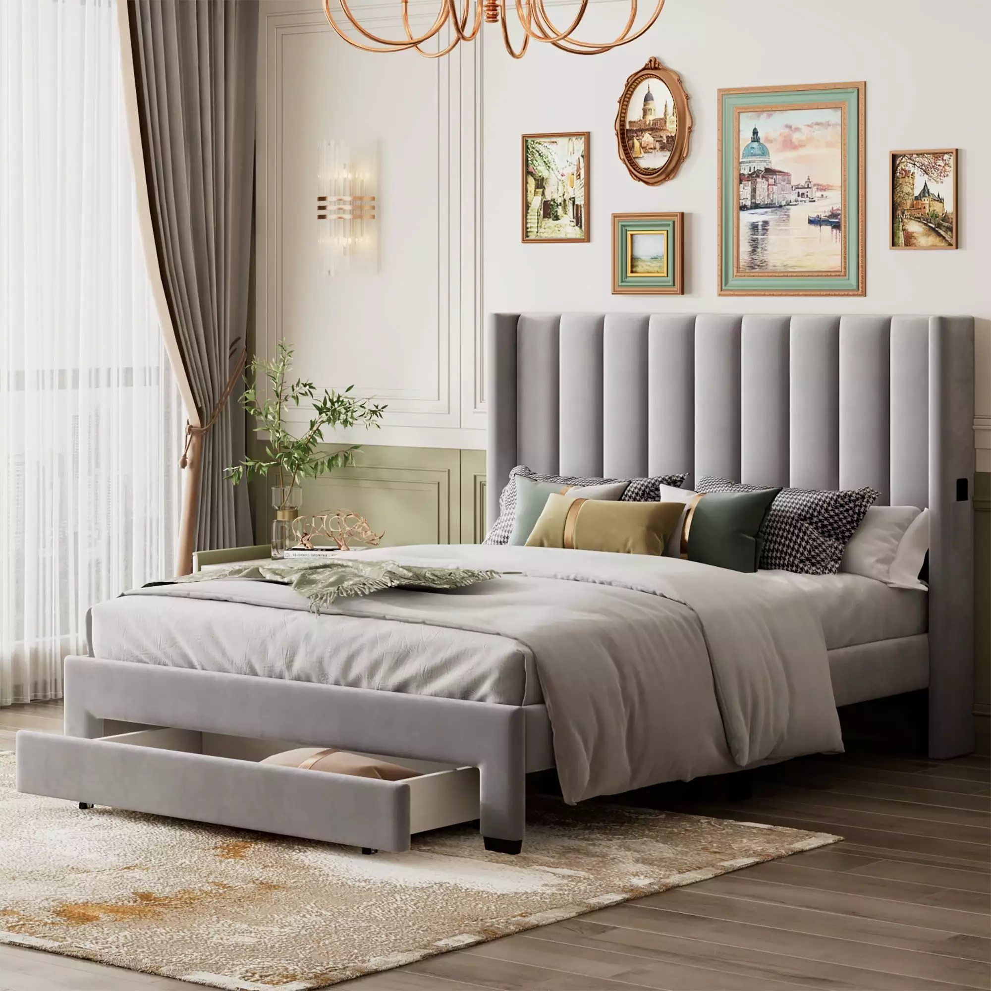 Leumius Queen Size Platform Bed Storage Drawer Velvet Upholstered Frame Gray