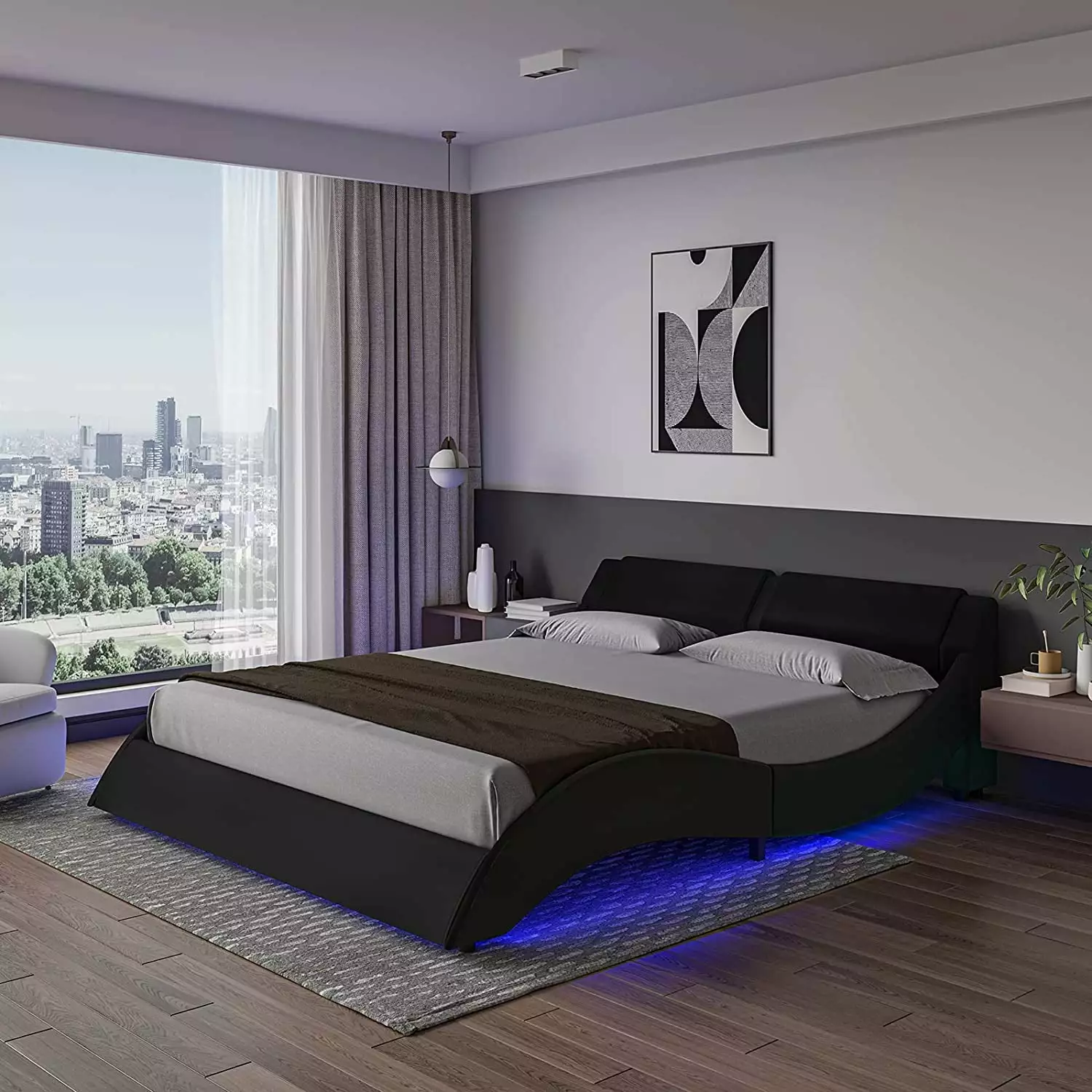 Full Size Upholstered Platform Bed Frame Wave Like Curved Headboard and RGB LED Lights Black Mabor