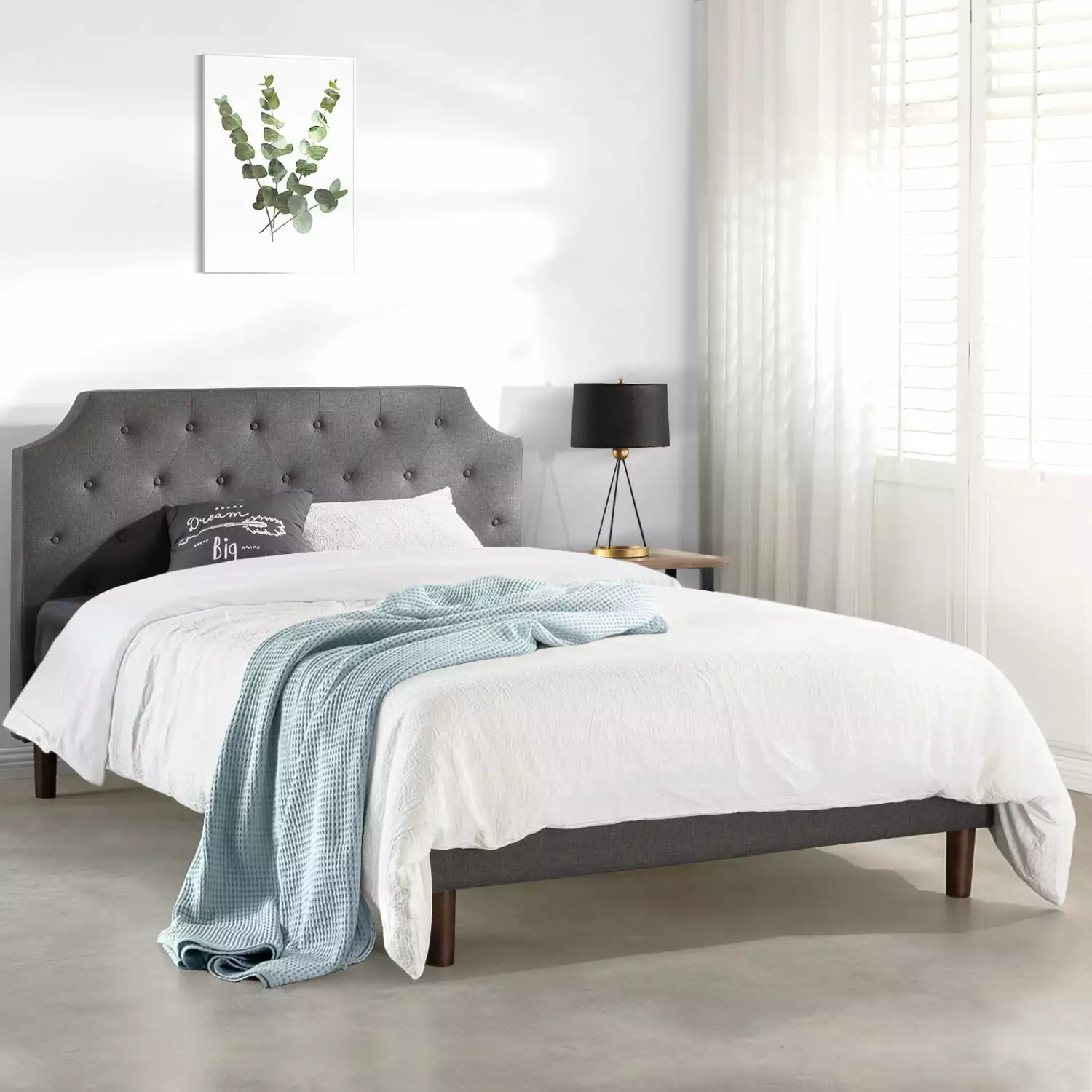 Mellow MAVN Upholstered Platform Bed Modern Tufted Headboard Real Wooden Slats and Legs Dark Grey King