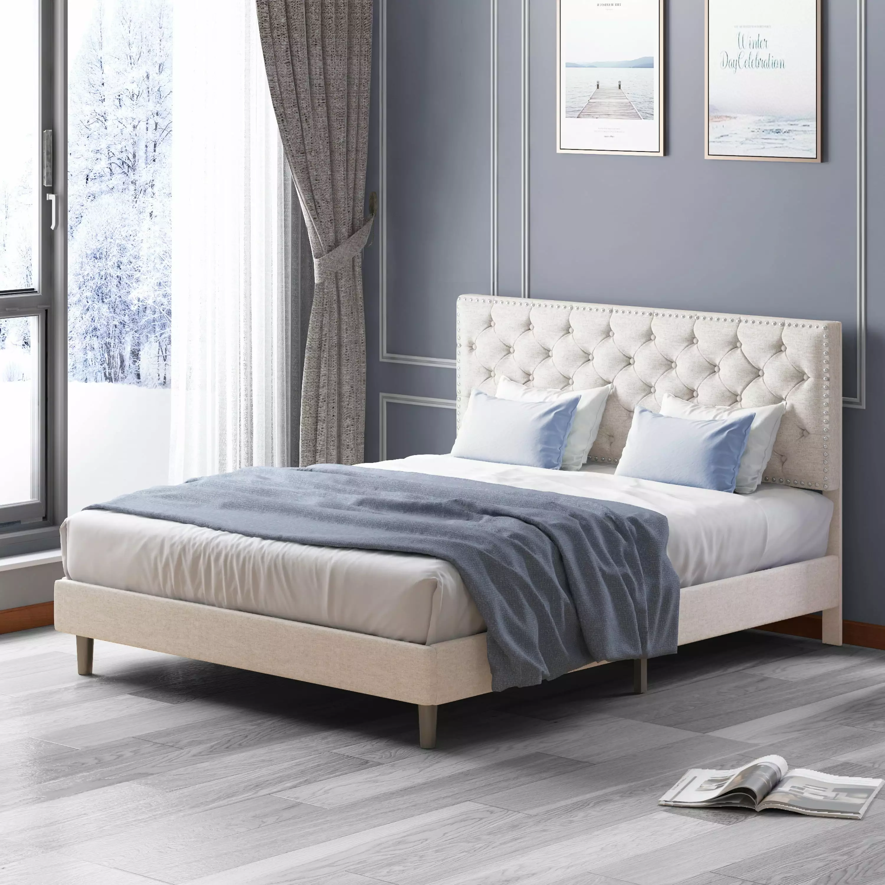 Mjkone King Size Platform Bed Frame Luxury Headboard Upholstered Bed Frame Wood Slat Support No Box Spring Needed Easy Ass...