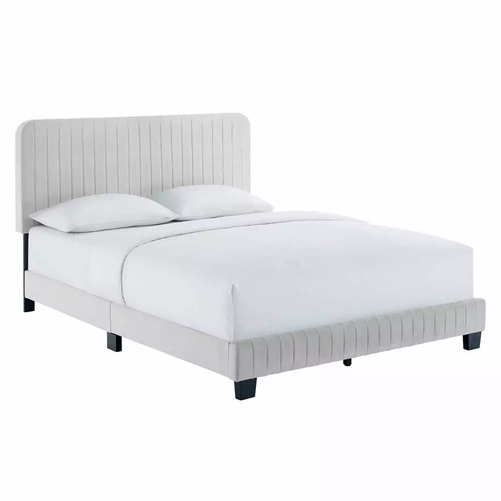 Modway Celine Channel Tufted Velvet Full Platform Bed Light Gray Modern Bedroom Furniture